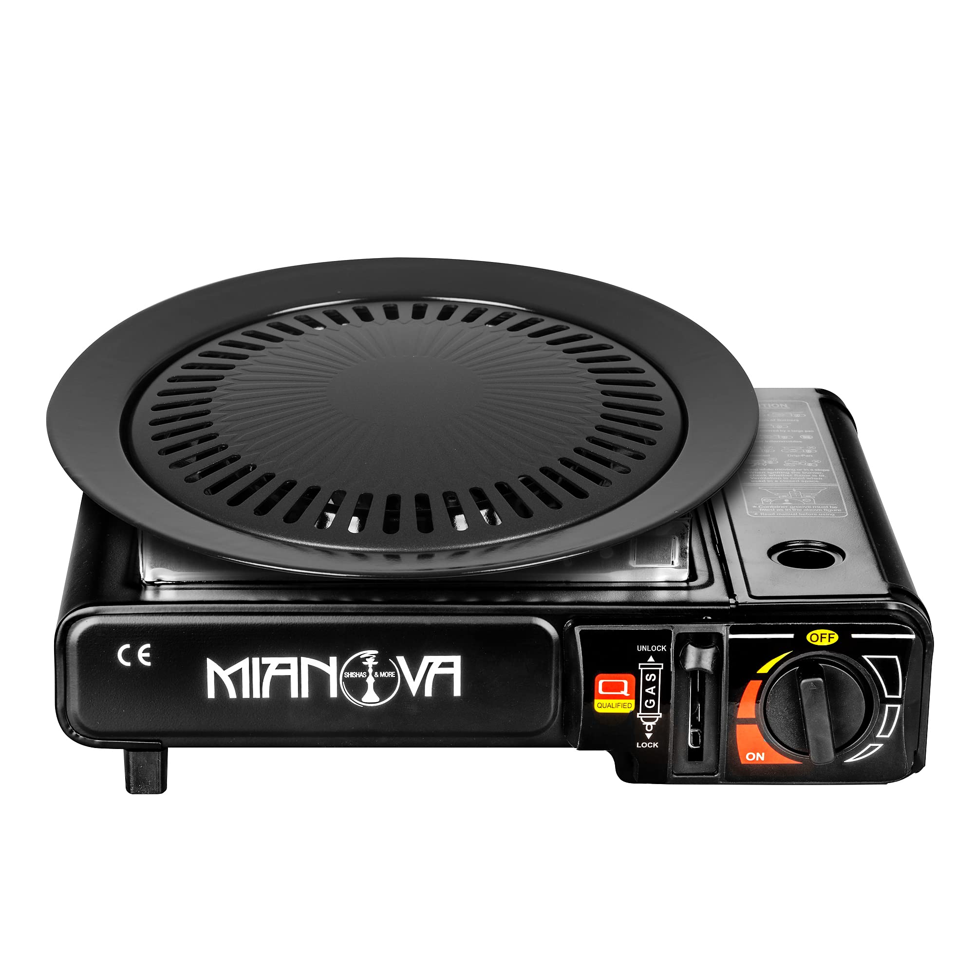 Mianova 2 in 1 LPG Anschluss Campingkocher Gaskocher Set für Gaskartuchen + Grillplatte + Koffer + Windschutz Optional mit Gas