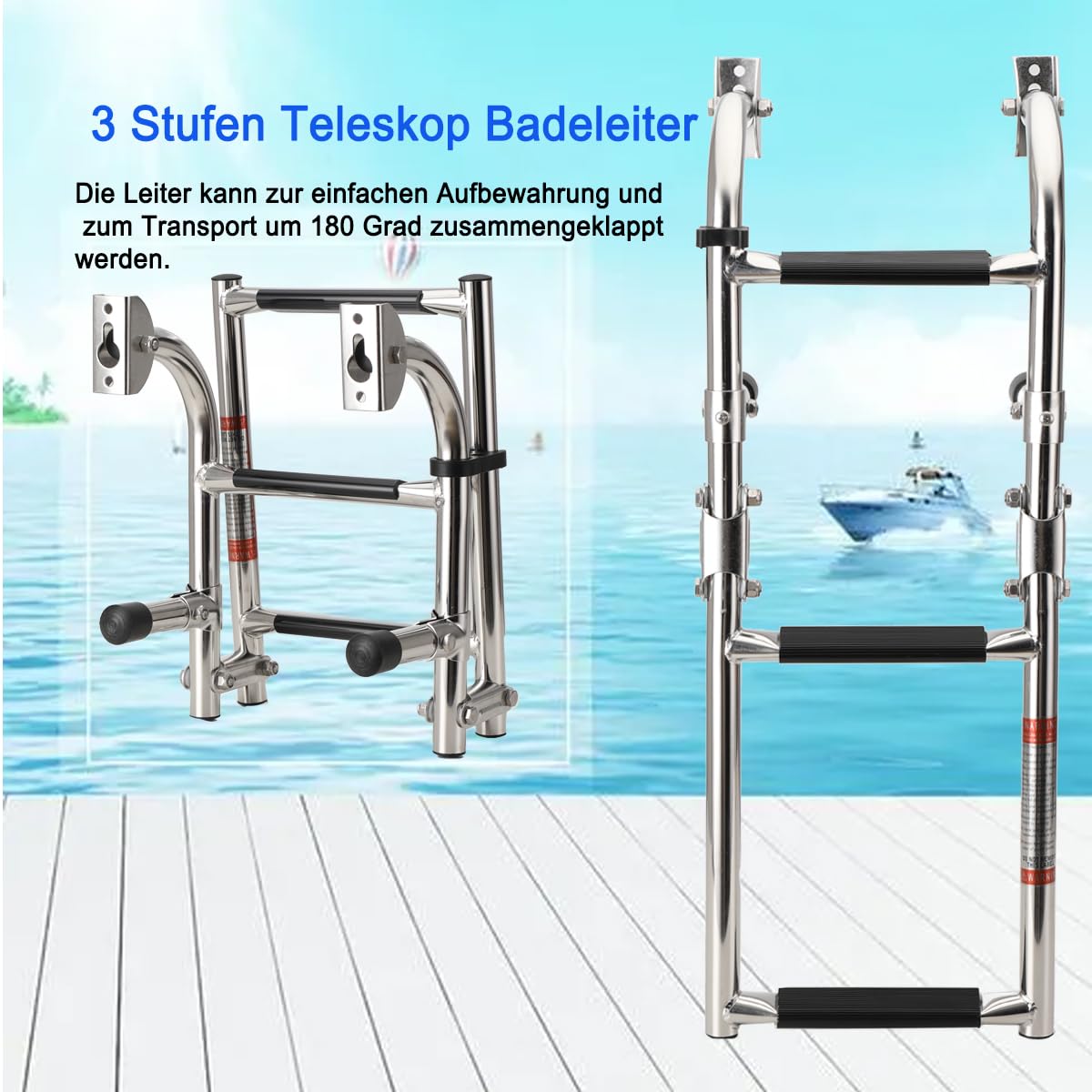 Bootsleiter 3 Stufen Edelstahl Teleskopleiter Badeleiter Schiebeleitern Rutschfester Schwimmbadleiter für Boot Yacht Schiff bis 408kg Belastbar, mit Fixierung des Hecks