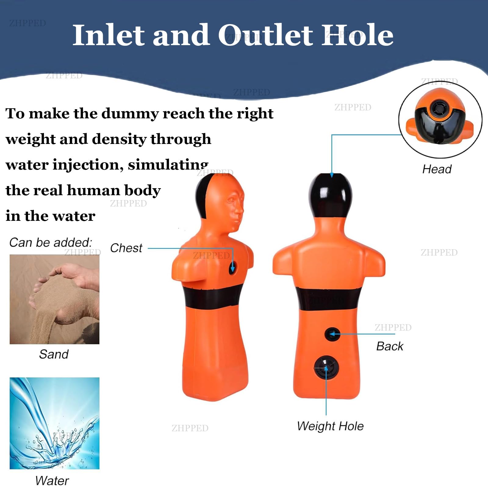 Chupete de entrenamiento de rescate acuático para práctica de prevención de ahogamientos con agujeros de inyección de agua