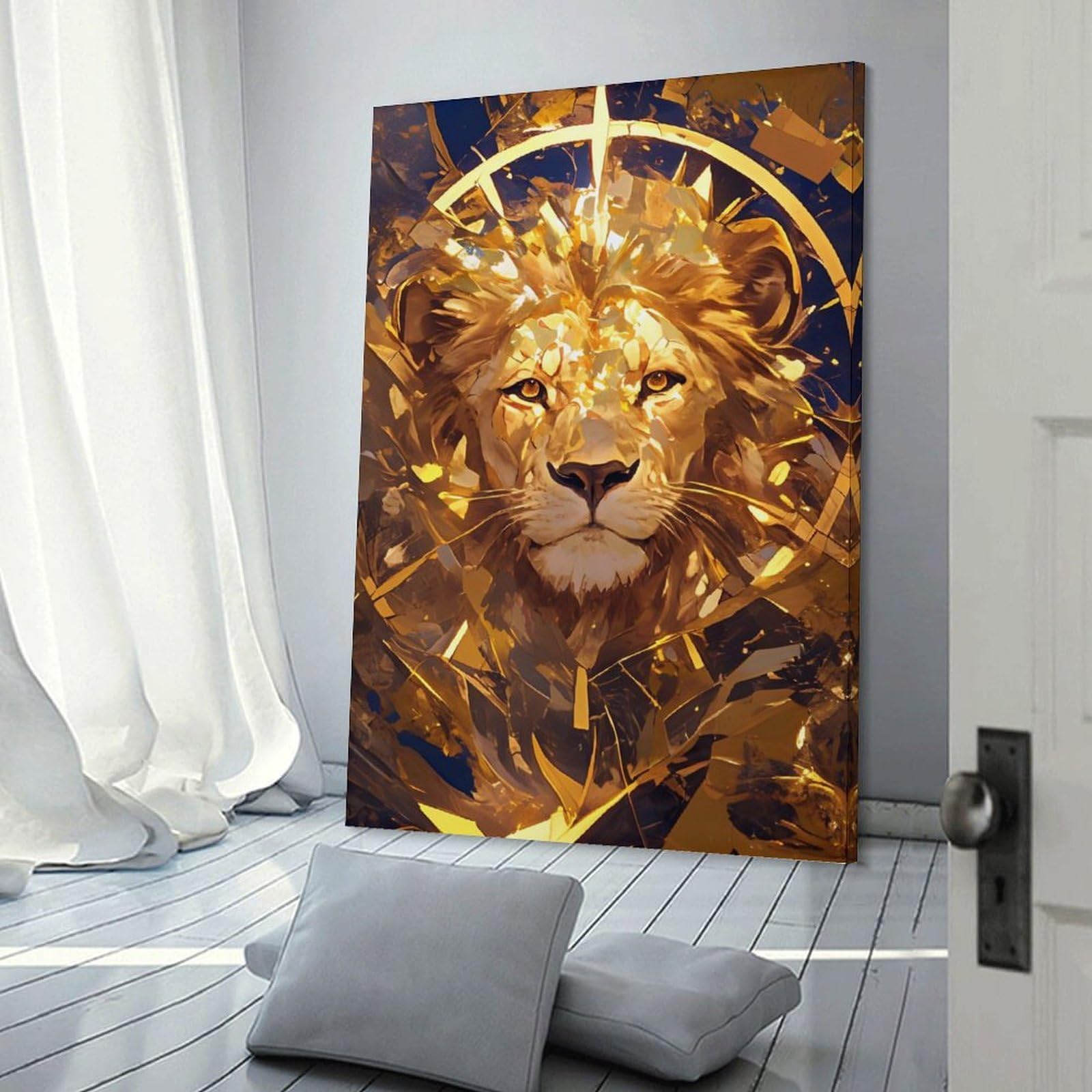 Junmoney Golden Lion Abstract Portrait Wall Picture Print 08x12inch(20x30cm), for Bedroom Decor, Cosy Corners Or Studios, Home Artwork with A Soft Interior Feel