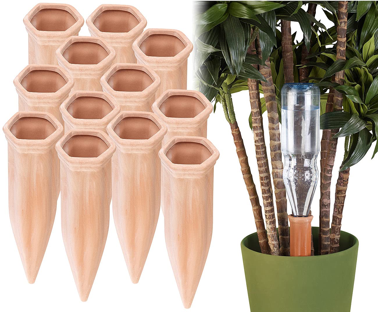 Royal Gardineer Bewässerung Topf: 12er-Set XL-Bewässerungs-Tonkegel für Glas- & PET-Flaschen bis 1 Liter (Bewässerungskegel Ton für Flaschen, Bewässerungssystem Ton, Wein)