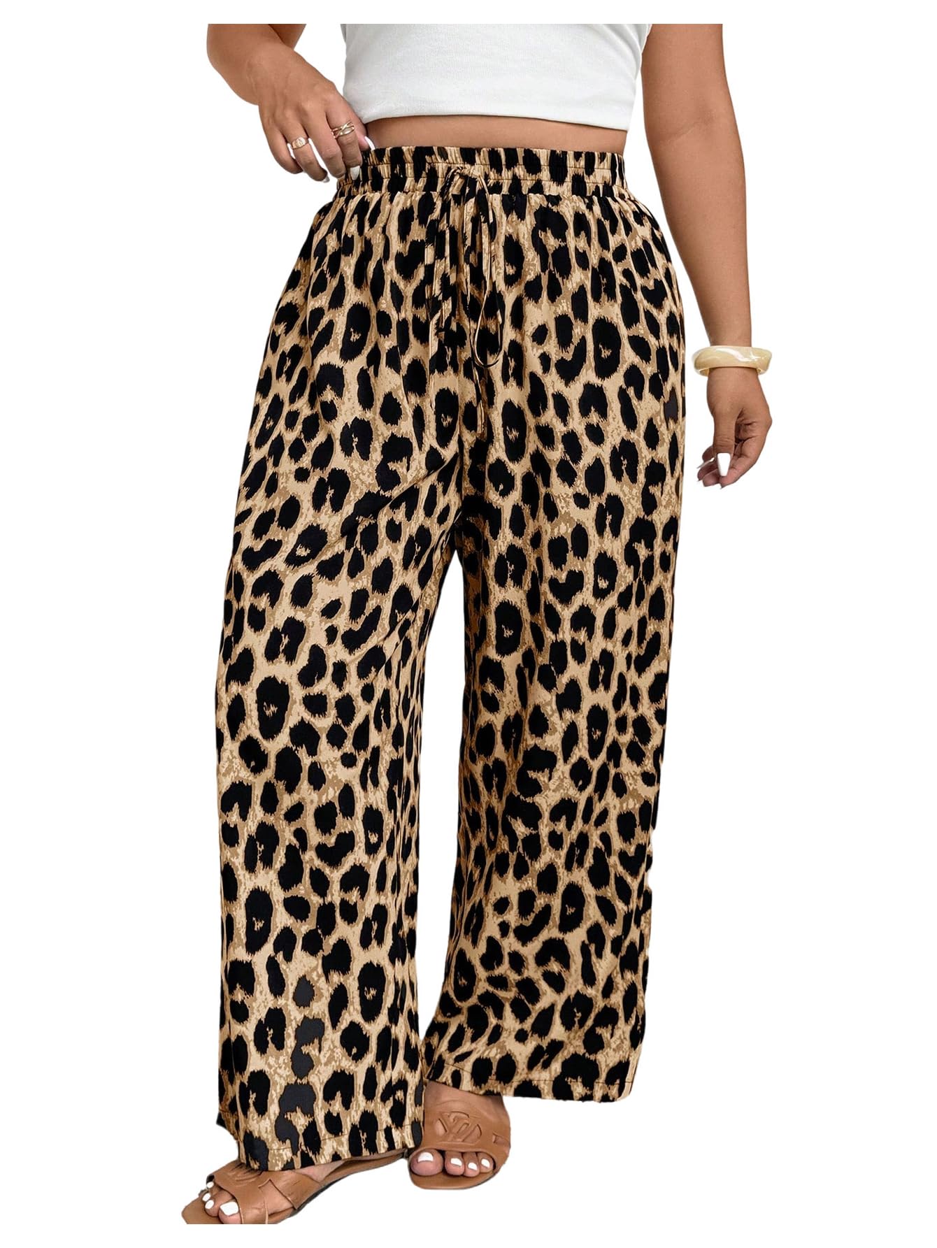 Floerns Womens Plus Size Cheetah Straight Leg Pants Drawstring Waist Y2k Long Trousers