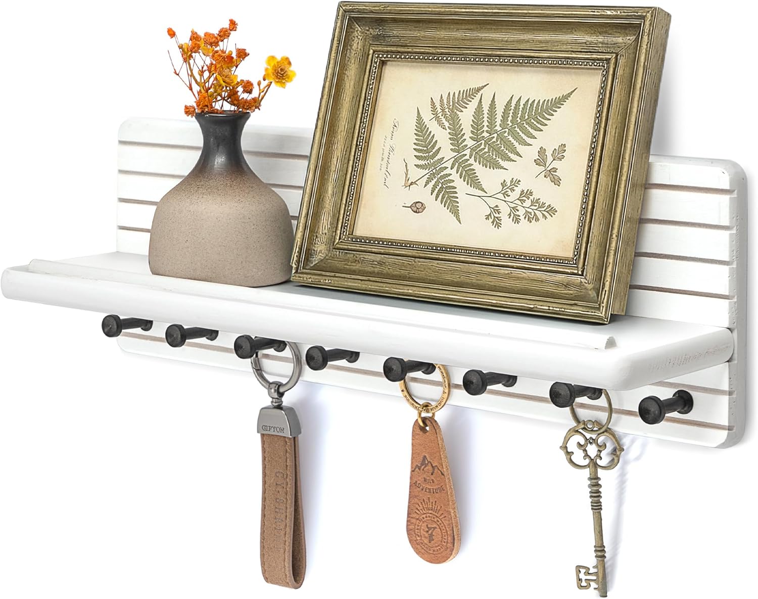 Rebee Vision Retro Key Holder wall Mount for Room Decor – Farmhouse Key Hanger with 8 Durable Hooks & Floating Shelf for Coat Rack – Mail Organizer for Entryway, Wall Decor, or Office Decor (Brown)