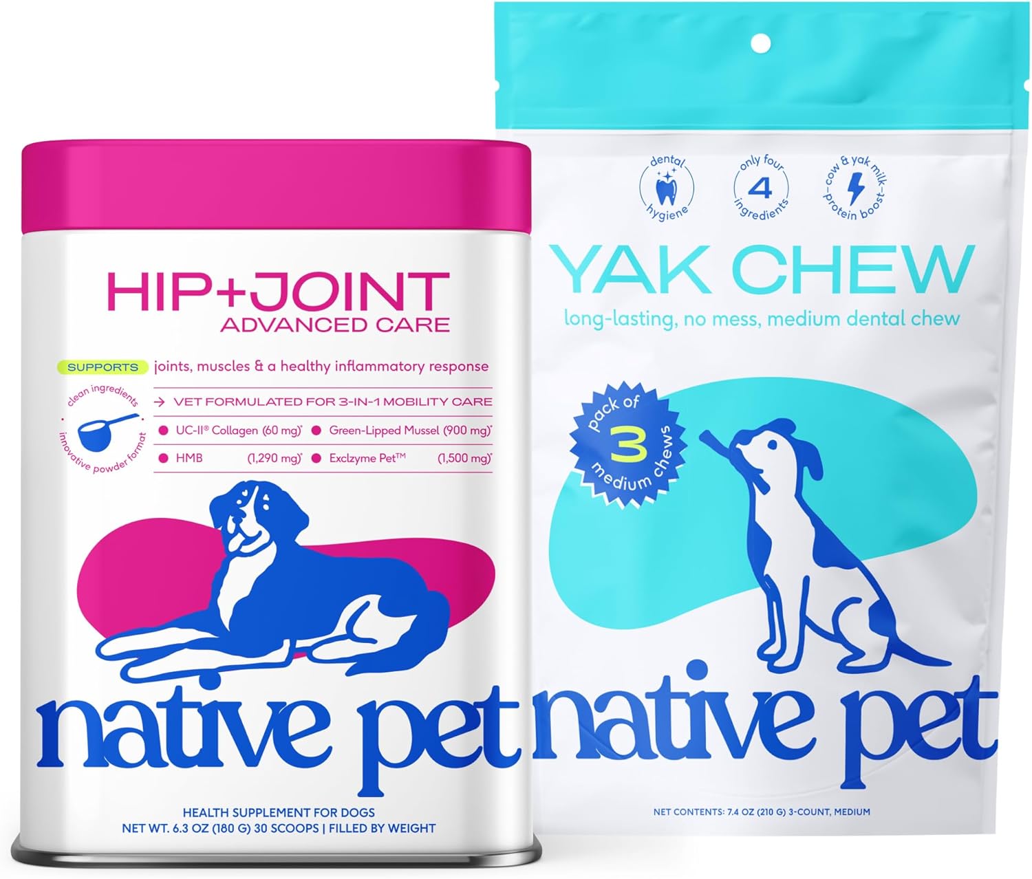 Native Pet Joint Strength & Dental Wellness Pack: Hip & Joint Supplement for Dogs - Supports Joints, Cartilage, Muscles & Anti-Inflammatory - 30 Scoops & 3 Medium Yak Cheese Himalayan Dog Chews