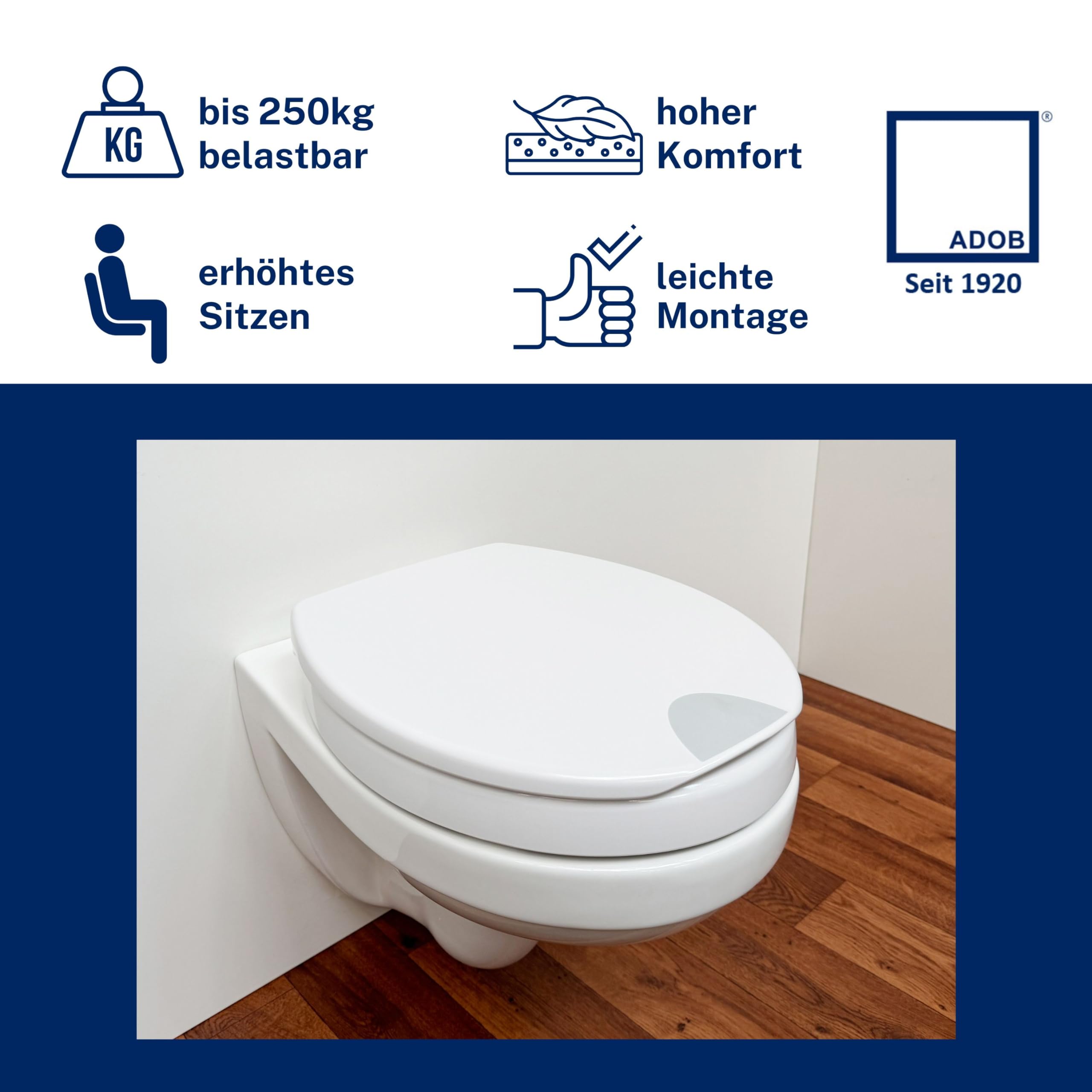 ADOB, Mantova WC Sitz Erhöhung Toilettensitzerhöher um 5 cm mit Absenkautomatik, bis 250 kg belastbar, bequem Sitzen und Aufstehen durch erhöhte Sitzposition, 56112