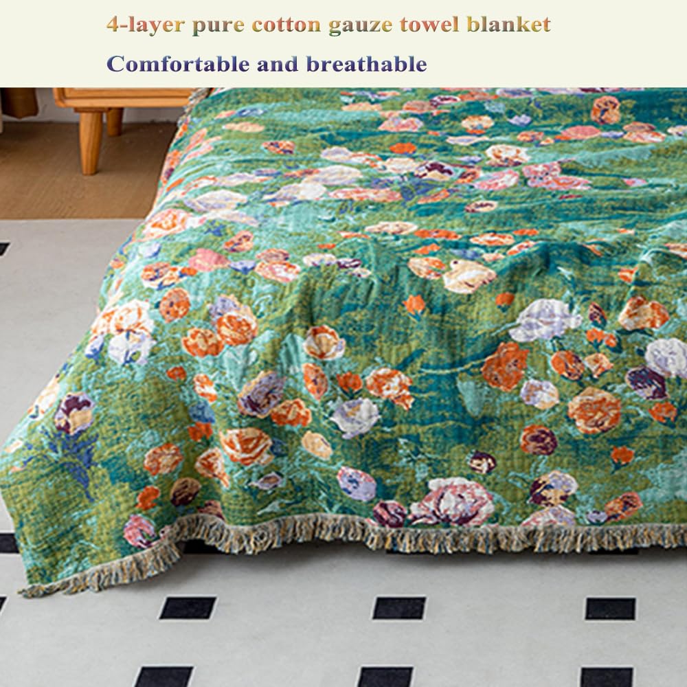 Narzuta w stylu boho, w 100% z bawełny, dwustronna, muślinowa, z frędzlami, dekoracyjna, miękka, na łóżko podwójne, 1-2,2-3-osobowa, B, 20" x 200"