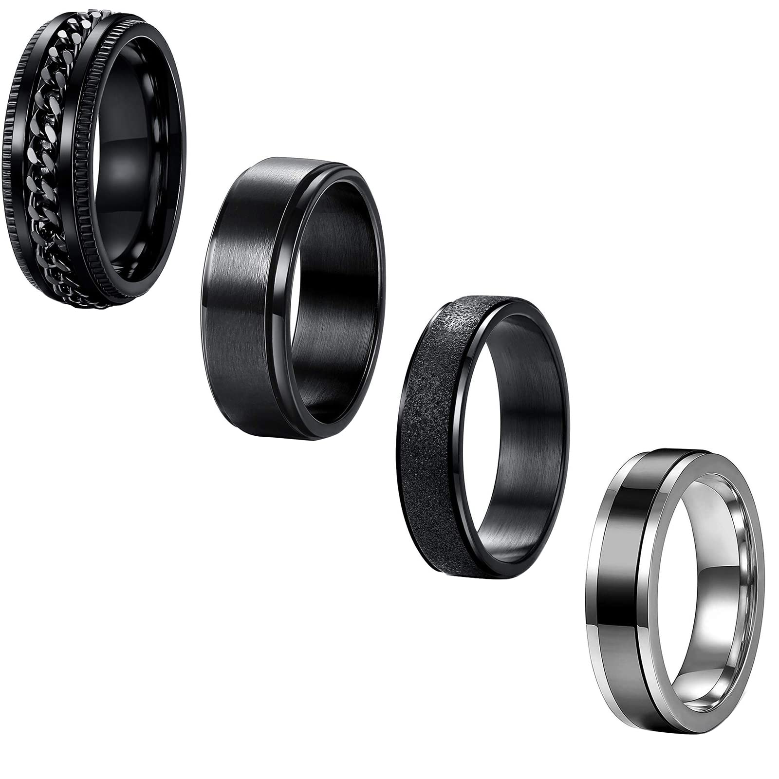 JAJAFOOK4 PCS Men's Rotating Ring Titanium Steel Chain Frosted Cool Spinner Ring