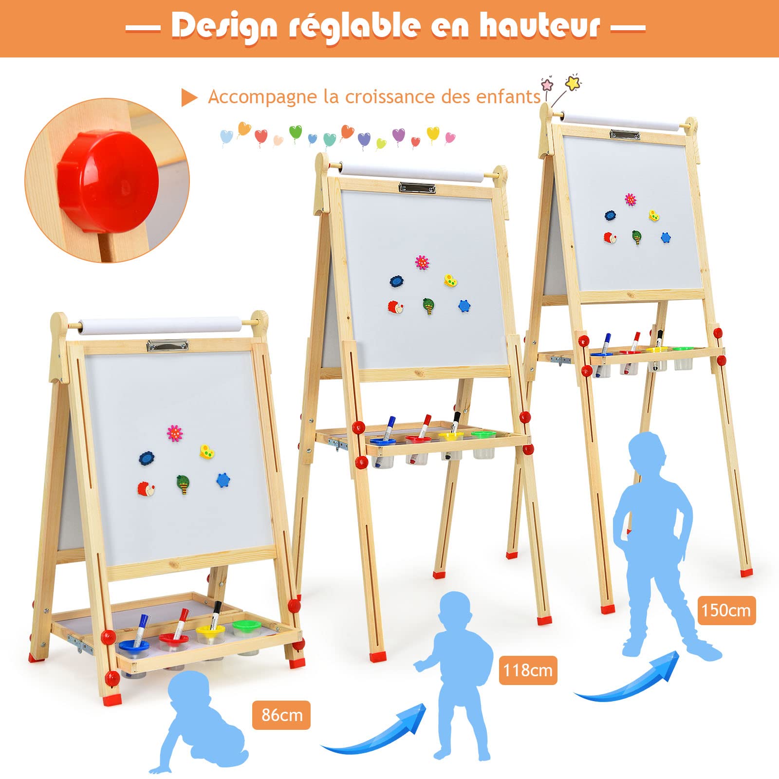 COSTWAY Chevalet Pliable en Bois pour Enfants, 3 en 1 Tableau à Dessin Réglable en Hauteur avec Tableau Noir & Blanc, Rouleau de Papier, Plateau de Rangement et Accessoires Complets, Naturel