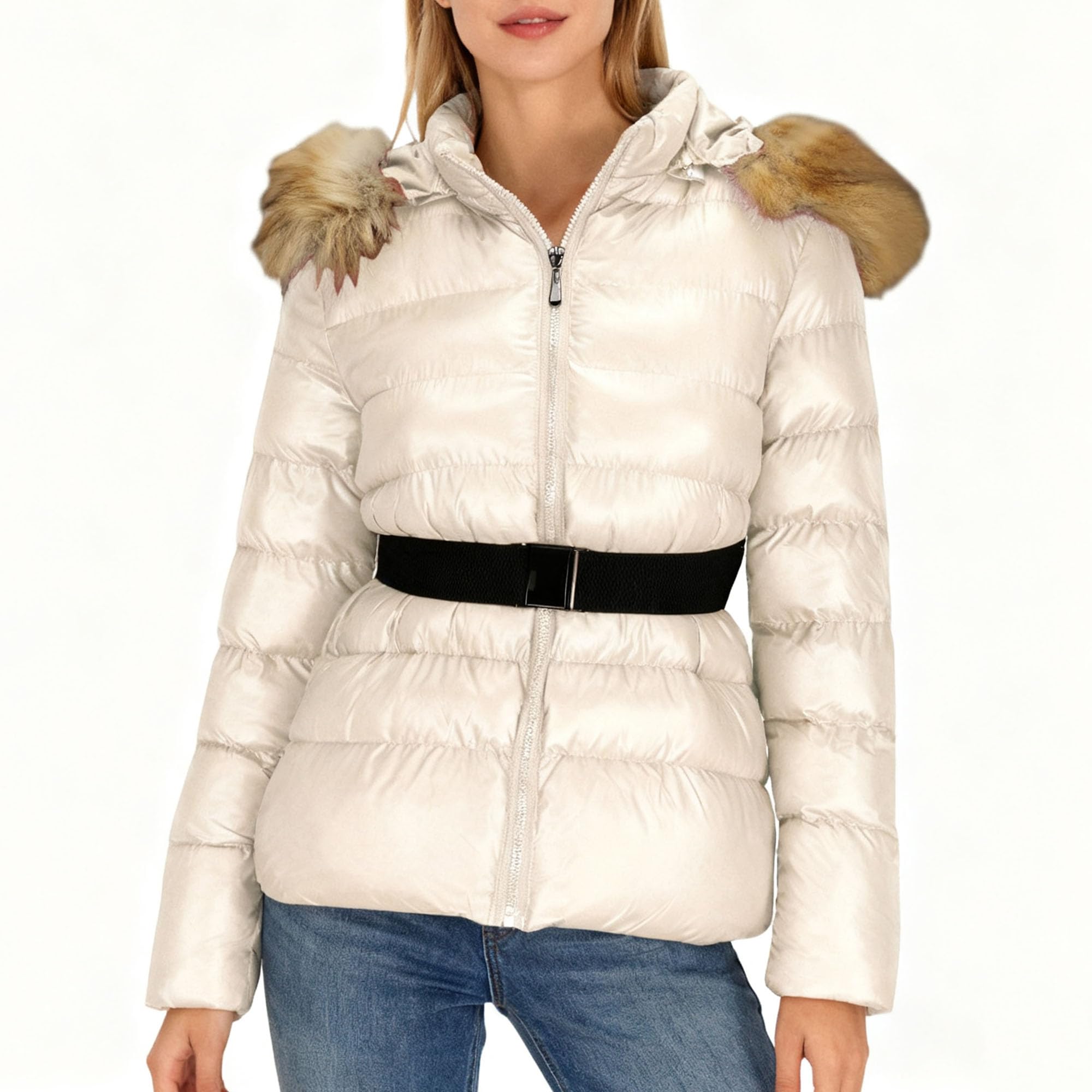 Chaqueta acolchada con capucha y cremallera para mujer, para exteriores, cálida, cuello de piel sintética, abrigo de invierno a la moda, ajuste delgado, ropa de abrigo corta