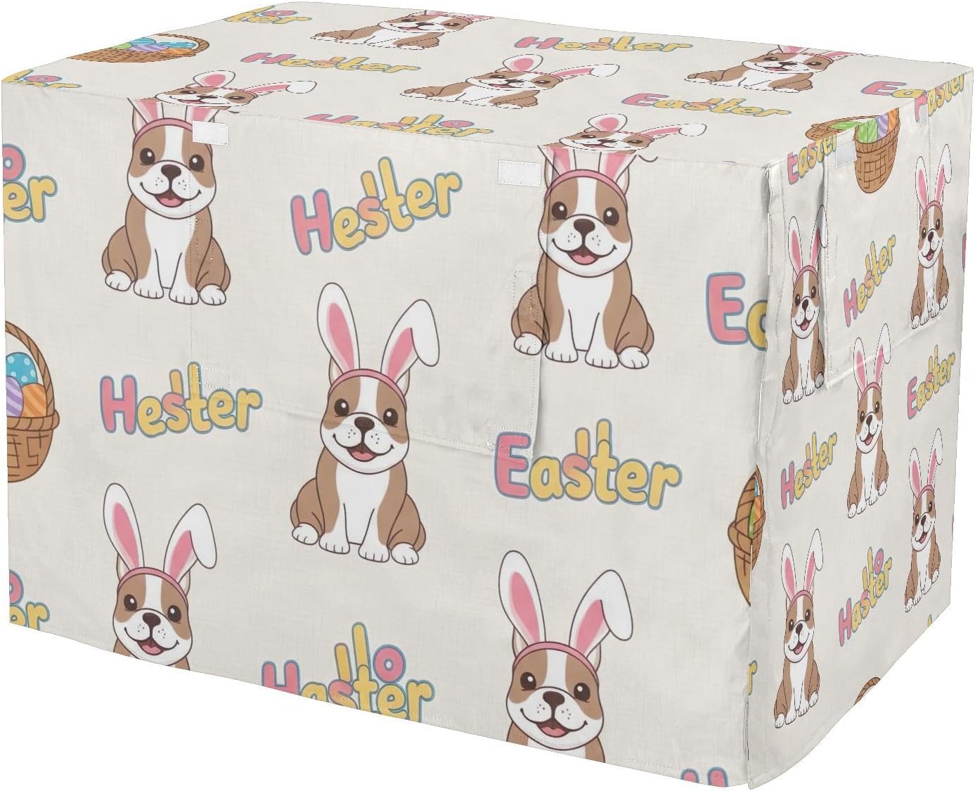 Cute Easter Bulldog Beige Dog Crate Cover Water-Resistant, S-XL Washable Cage Cover for Indoor Pets, Large