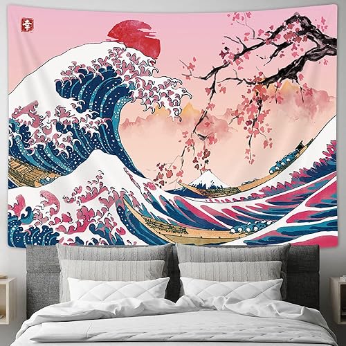 MERCHR Tapiz japonés rosa, tapiz de pared de olas del océano fresco, diseño de montaña de anime asiático, sol rojo, flor de cerezo, tapiz colgante