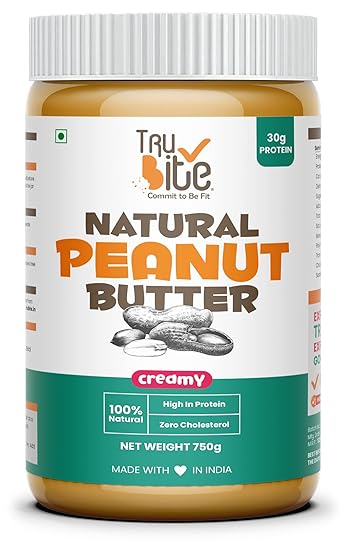 Trubite Natural Peanut Butter (Creamy) (750g) | Unsweetened | 30g Protein | Non GMO | Gluten Free | Cholesterol Free (750G)