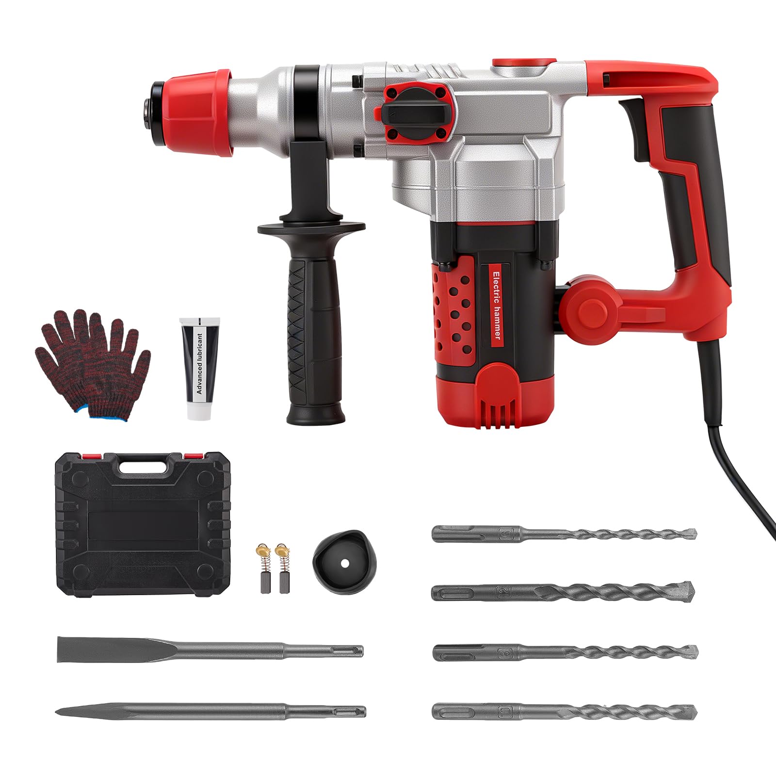 2200W martello demolitore, 5J Energia d'impatto, 930 giri/min/3300 battiti al minuto, trapano a percussione brushless con impugnatura girevole a 360° e 4 punte, 6/8/10/12 mm