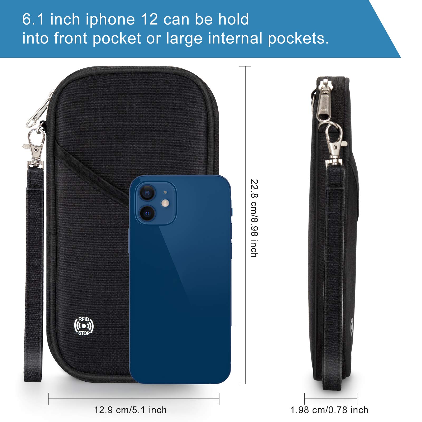 Soporte para pasaporte familiar con diseño de acordeón RFID, cartera de viaje con bloqueo, organizador de documentos con cremallera para mujeres y hombres (Negro-2), Negro-2, Cartera Rfid 6
