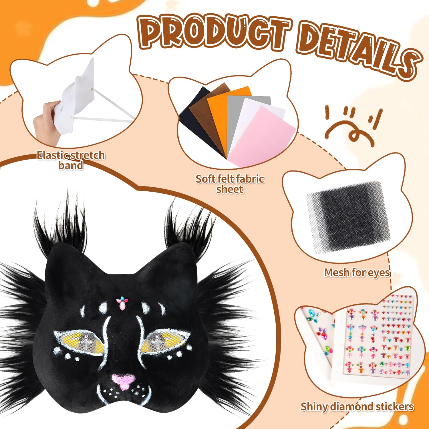 Therian Mask, 6 Pezzi Maschera Gatto con Cinturino Elastico, Feltro Adesivo Brillantini Adesivi per Feste in Maschera, Cosplay, Giochi di Ruolo, Halloween