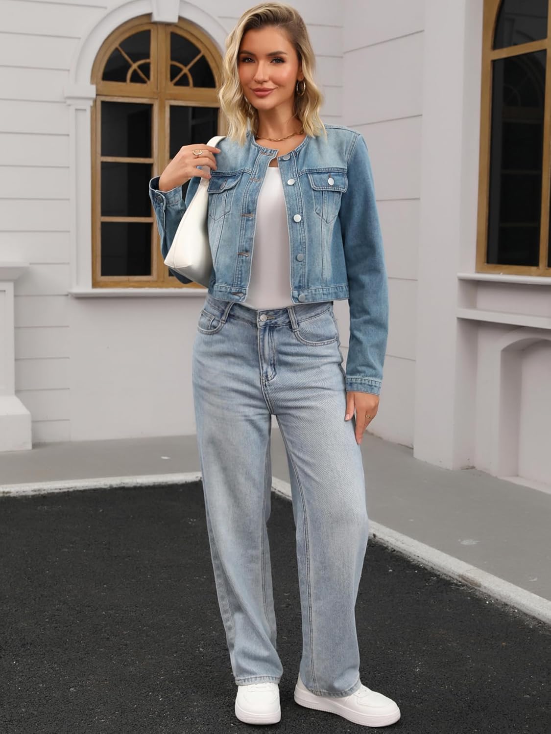 Women's Denim Jacket Collarless Button Down Western Long Sleeve Jean Jackets - Image 6