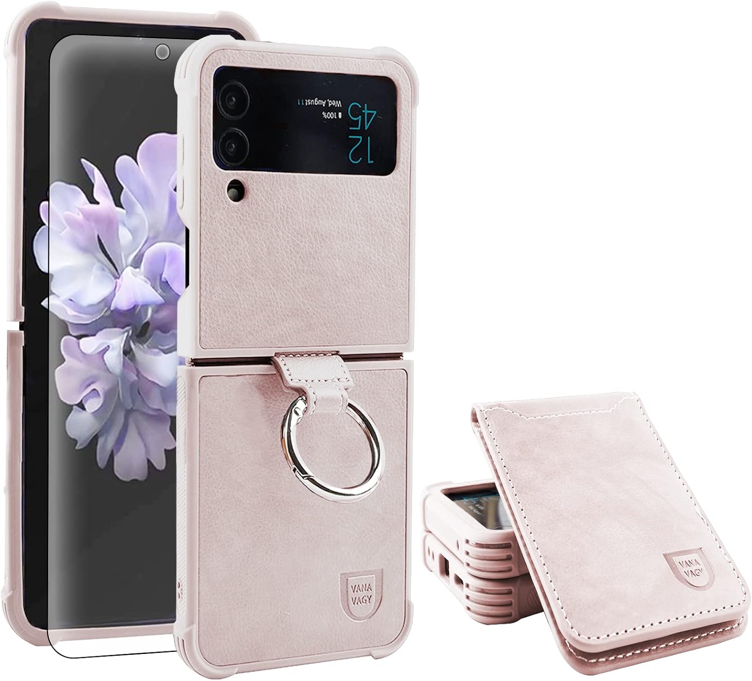 VANAVAGY Compatible for Samsung Galaxy Z Flip 4 Wallet Case with RFID Blocking Card Holder, PU Leather Flip Phone Cover with Strap for Wireless Charging with Screen Protector,Burgundy