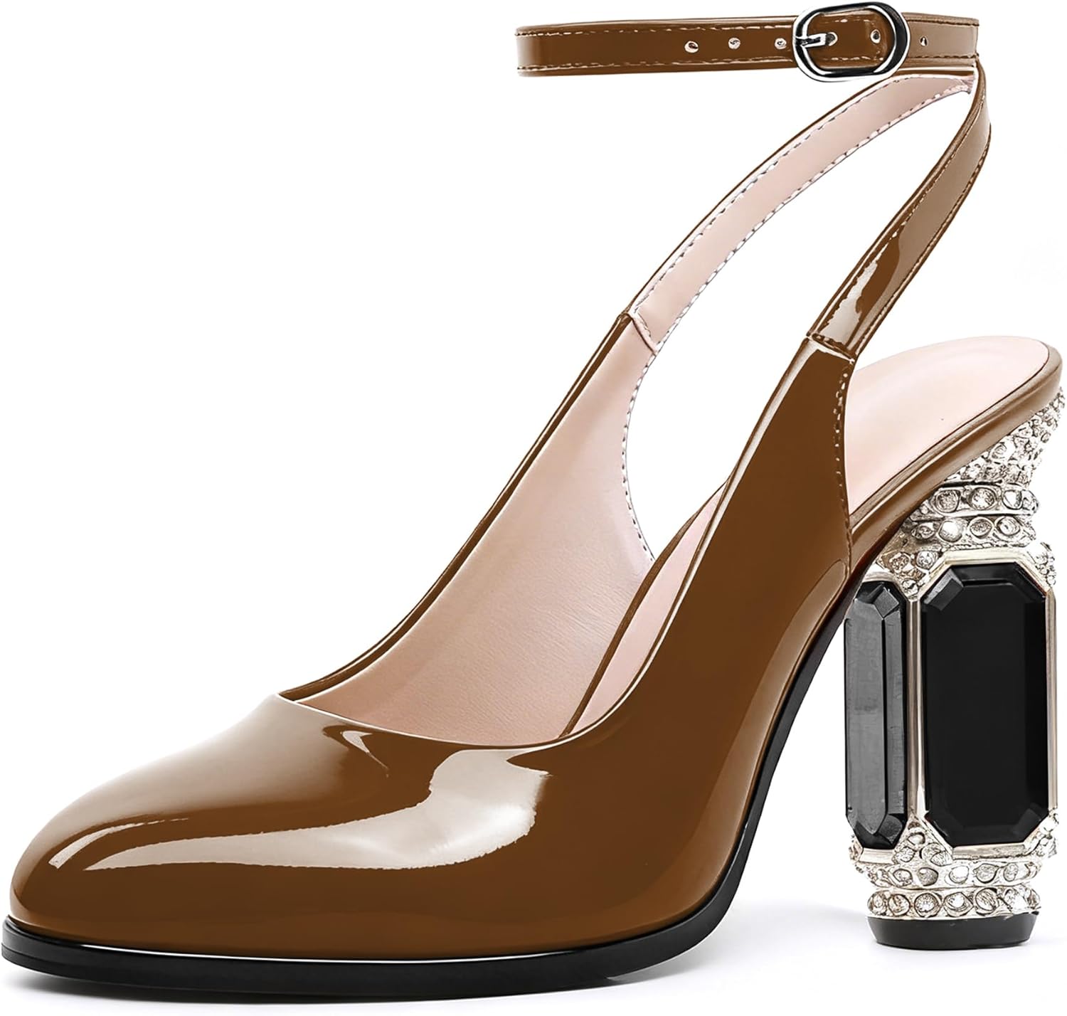 Soireelady Womens Chunky Heels Pumps Ankle Strap Slingback Crystal Block Heels with Rhinestones Round Toe Sexy Wedding Shoes 3.5 Inch