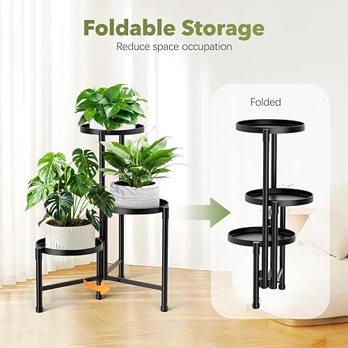 Miniatura 5 de Soporte esquinero de 3 niveles para plantas para interiores y exteriores, estante de metal para plantas con bandeja de 10 pulgadas de ancho, soporte