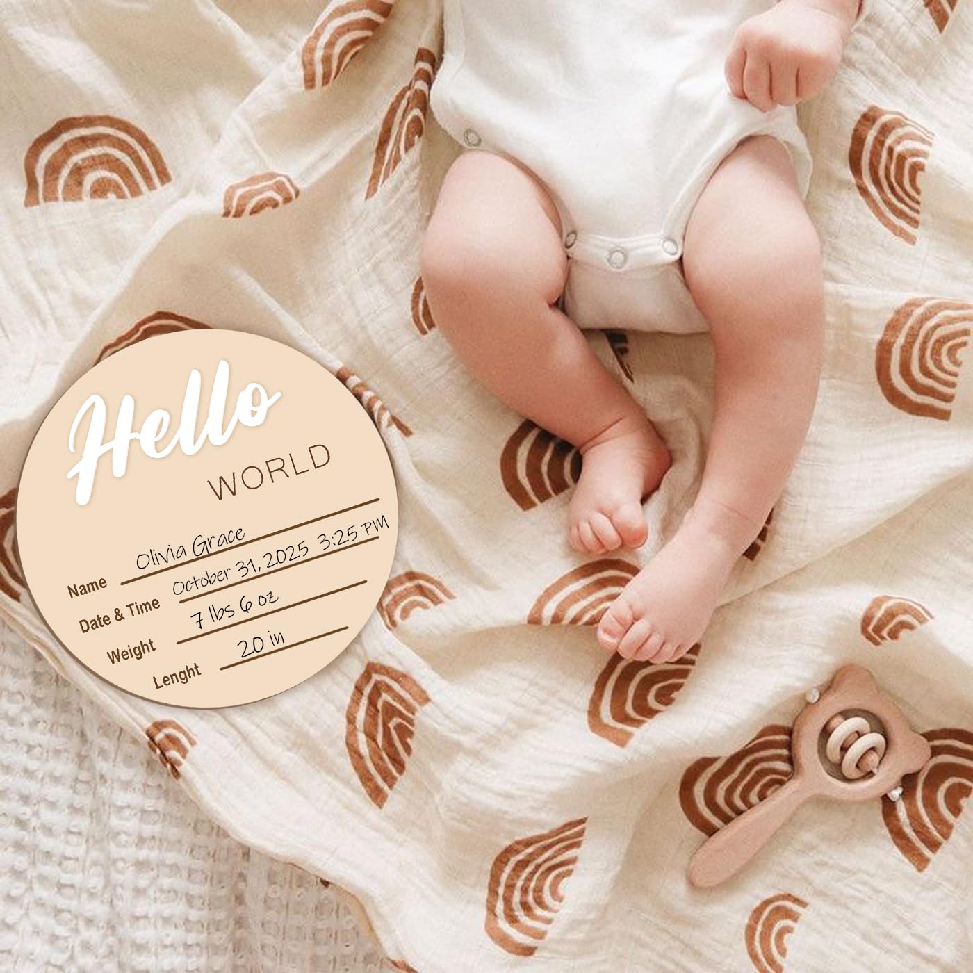 Monthly Baby Milestone Maker Discs, Baby Milestone Signs for Newborn Baby, Hello World Newborn Sign for Baby Girl & Boy, Baby Announcement Sign for 1-12 Month, Milestone Wooden Circles (White)