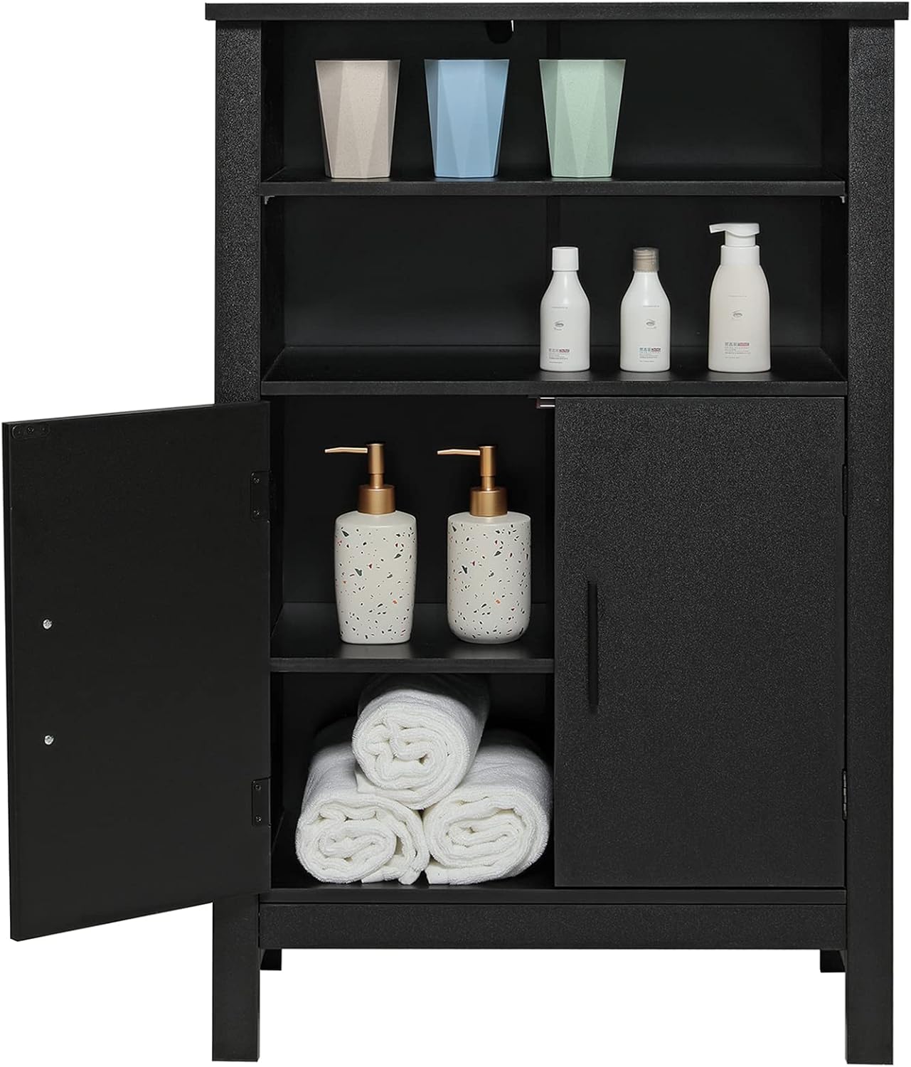 Iwell Floor Cabinet, Bathroom Cabinet with 2 Open Shelves and Doors Cupboard, Storage Cabinet with Adjustable Shelves, Freestanding Cabinet for Living Room, Bedroom, Kitchen, Black