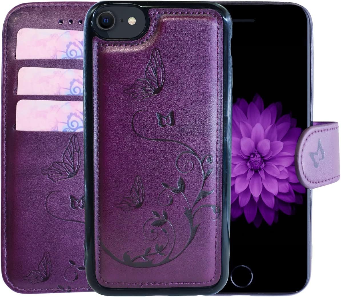 iPhone SE Wallet Case 2022/2020, iPhone 6/7 / 8 Card Holder for Women, Detachable Cover Flip Folio PU Leather Wrist Strap Removable Magnetic Kickstand with Floral Flower Design for Girls - Purple