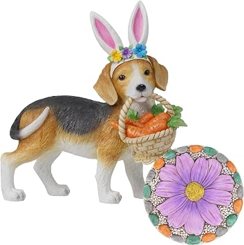 Easter Beagle Garden Statue and Stepping Stone Set, Spring Decor with Bunny Ears and Flower Design