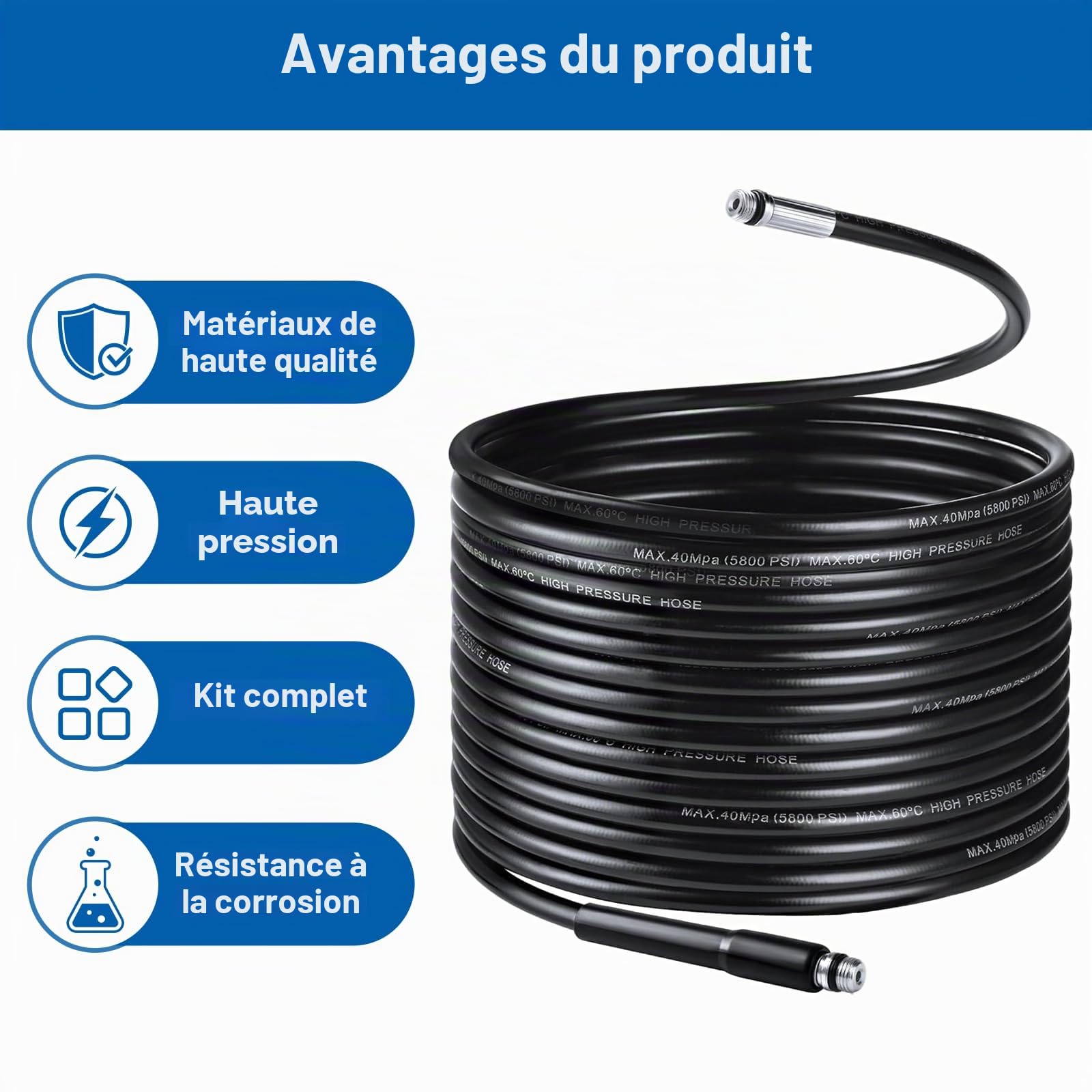 30M Tuyau Déboucheur Canalisation Kit, compatible avec Kärcher k2-k7, Bosch, 400 Bar/5800PSI, Déboucheur Canalisation Haute Pression, Tuyau de Nettoyage Pression, avec Buses et Adaptateurs