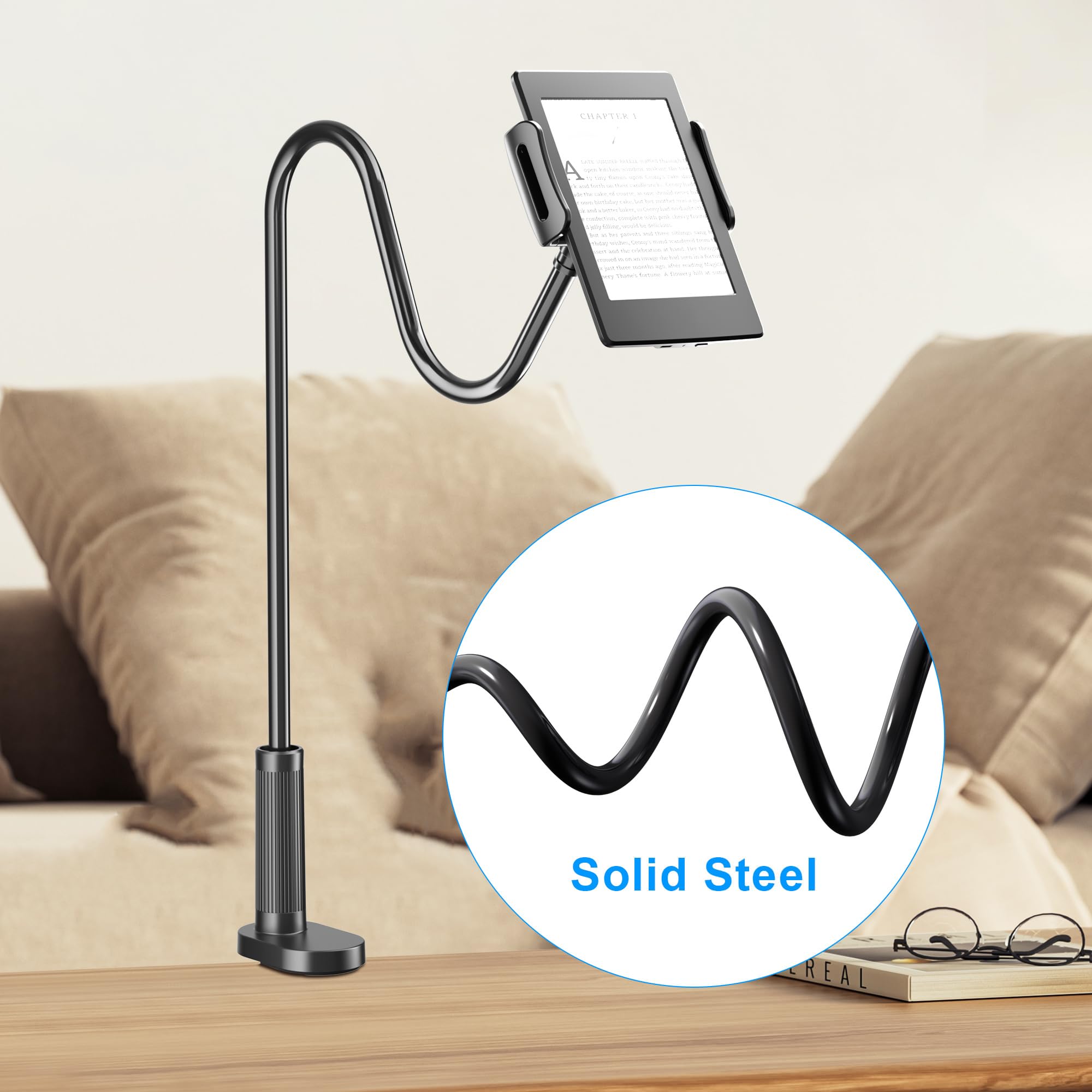 Gooseneck Holder for Kindle Reading in Bed, Hands Free Desk Bedside Lazy Arm Stand for Kindle Accessories, Compatible with iPhone iPad mini — view 3