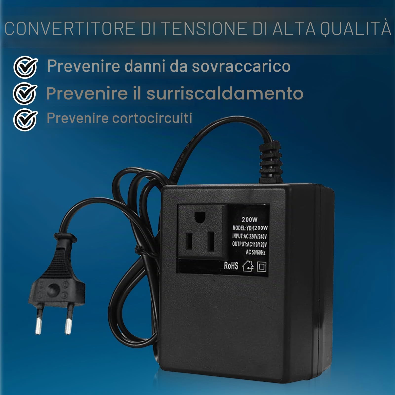 Trasformatore di tensione da 220 V a 110 V, 200 W, adattatore di alimentazione passo verso il basso, adattatore di corrente da viaggio, convertitore di tensione, spina EU
