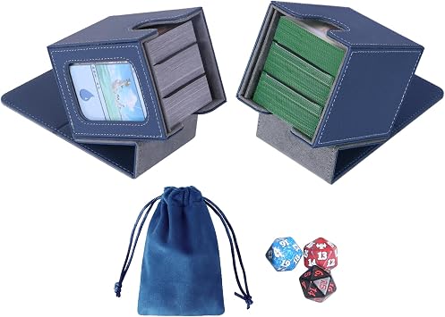 AFIING MTG Deck Box Commander Display Card Deck Box Holds 100 Double Sleeve Cards Magic Commander TCG Card Storage 2 Compartments Dice Bag 1 Top Loader Blue/Gray
