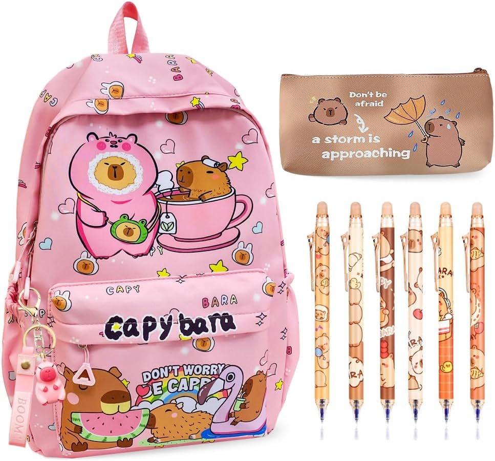 Capybara Backpack School Bag with Stationery 9pcs Set, Cartoon Large Capacity Kids Rucksack Animal Bookbag, Capybara Pencil Case Pouch,Erasable Pen & Keychain Gift Pink Rack Bicycle Accessories