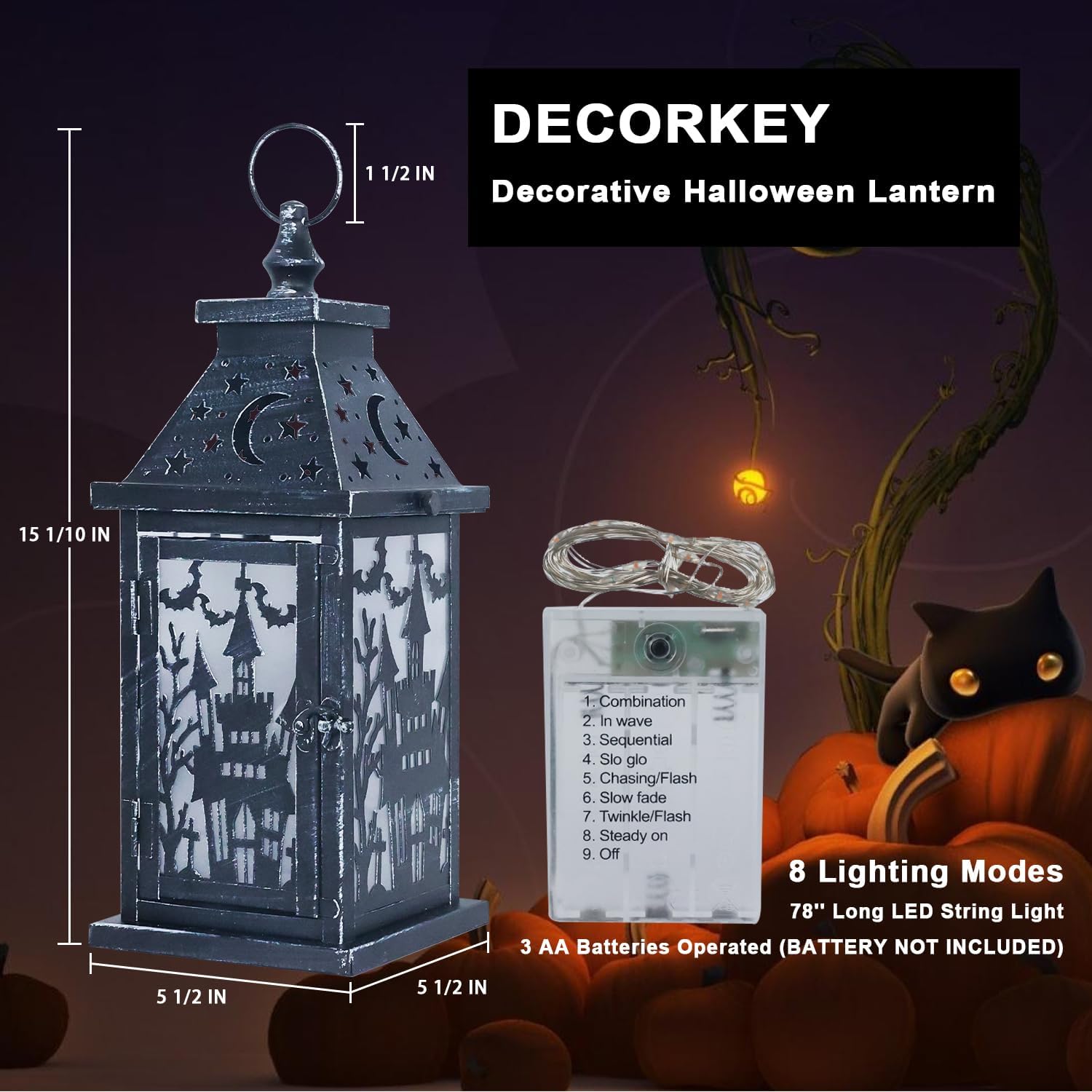Halloween Decorations Indoor, 15" Decorative Haunted House Candle Lantern with 78" LED Lights(8 Modes), Hanging Spooky Halloween Lanterns for Outdoor Home Room Door Party Decor