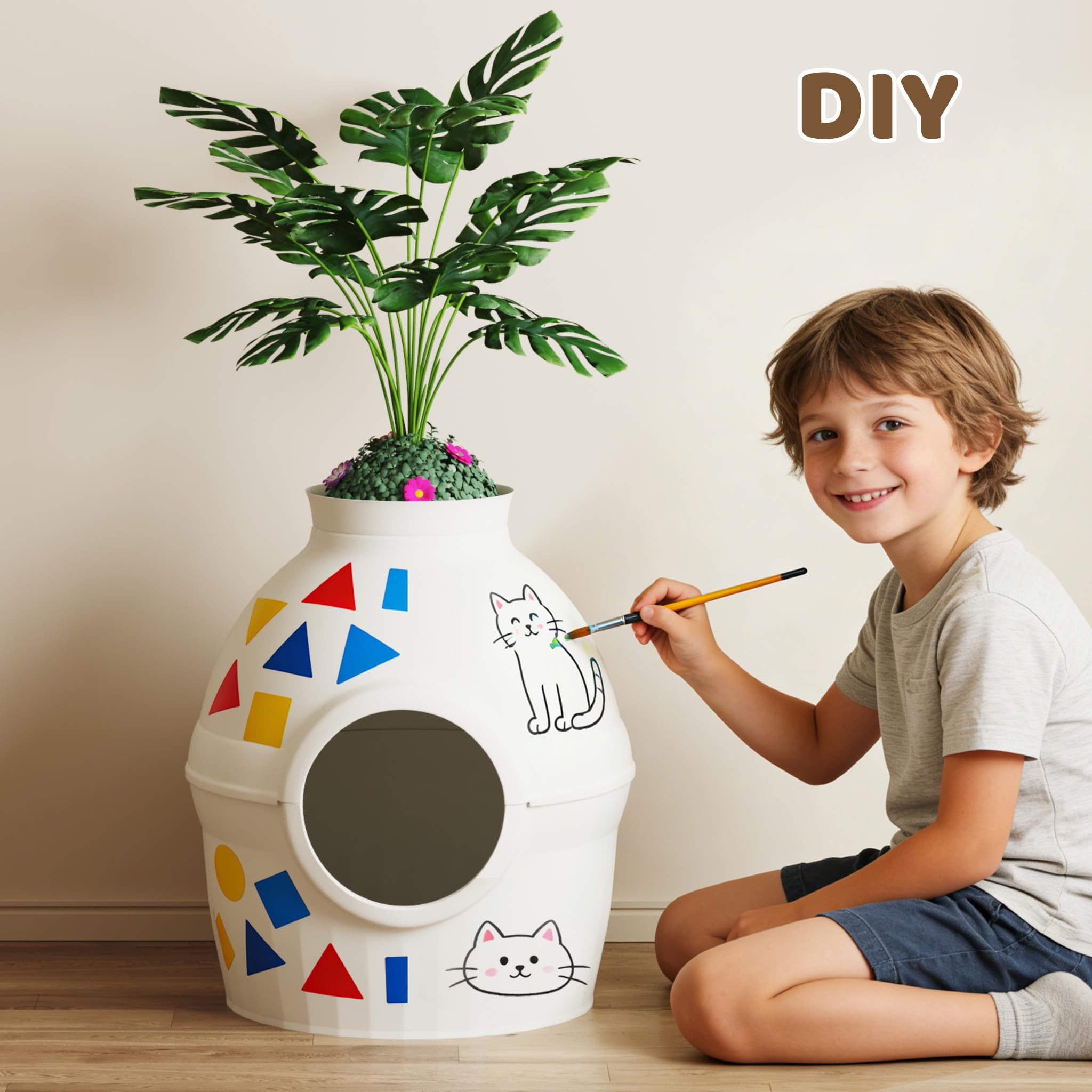 Mondeer Caja de Arena para Gatos con Planta sintética, Bandeja de Arena Oculta con Filtro de Olor, casa para Gatos para Sala de Estar, Dormitorio, Esquina, Incluye 2 cucharas y Juguete, Color Blanco