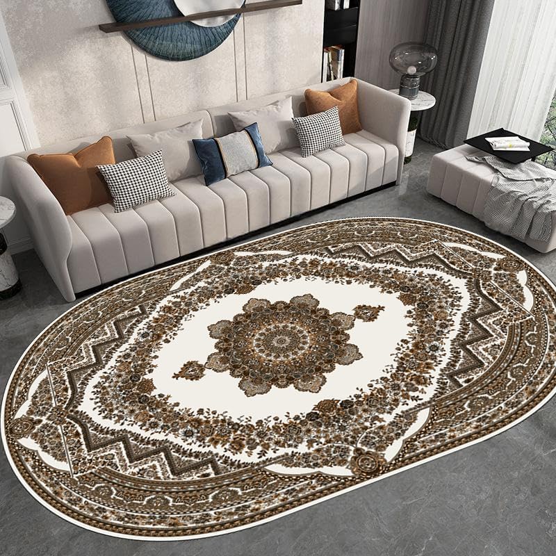 Alfombra ovalada de diseño floral tradicional retro en color marrón y formato 80x140cm
