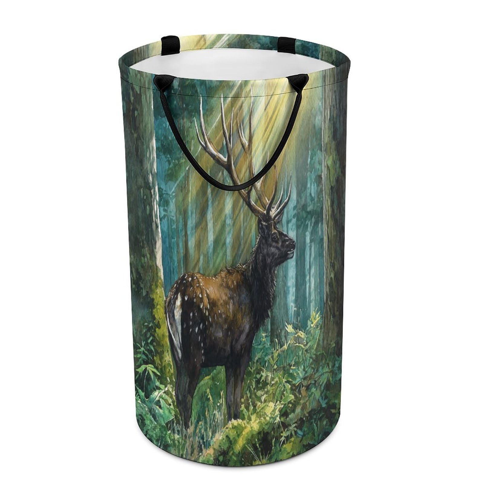 LUYYSKY Classic Vintage Animal Deer Versatile Storage Laundry Basket, Modern Oil Painting Natural Botanical Forest Wildlife Elk Pattern Large Capacity Bathroom Hamper With Handle