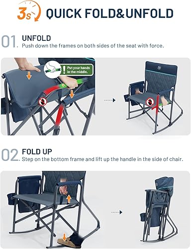 Miniatura 7 de TIMBER RIDGE Silla mecedora plegable de gran tamaño, capacidad de 400 libras, portátil, para exteriores, con reposabrazos duros, portavasos y