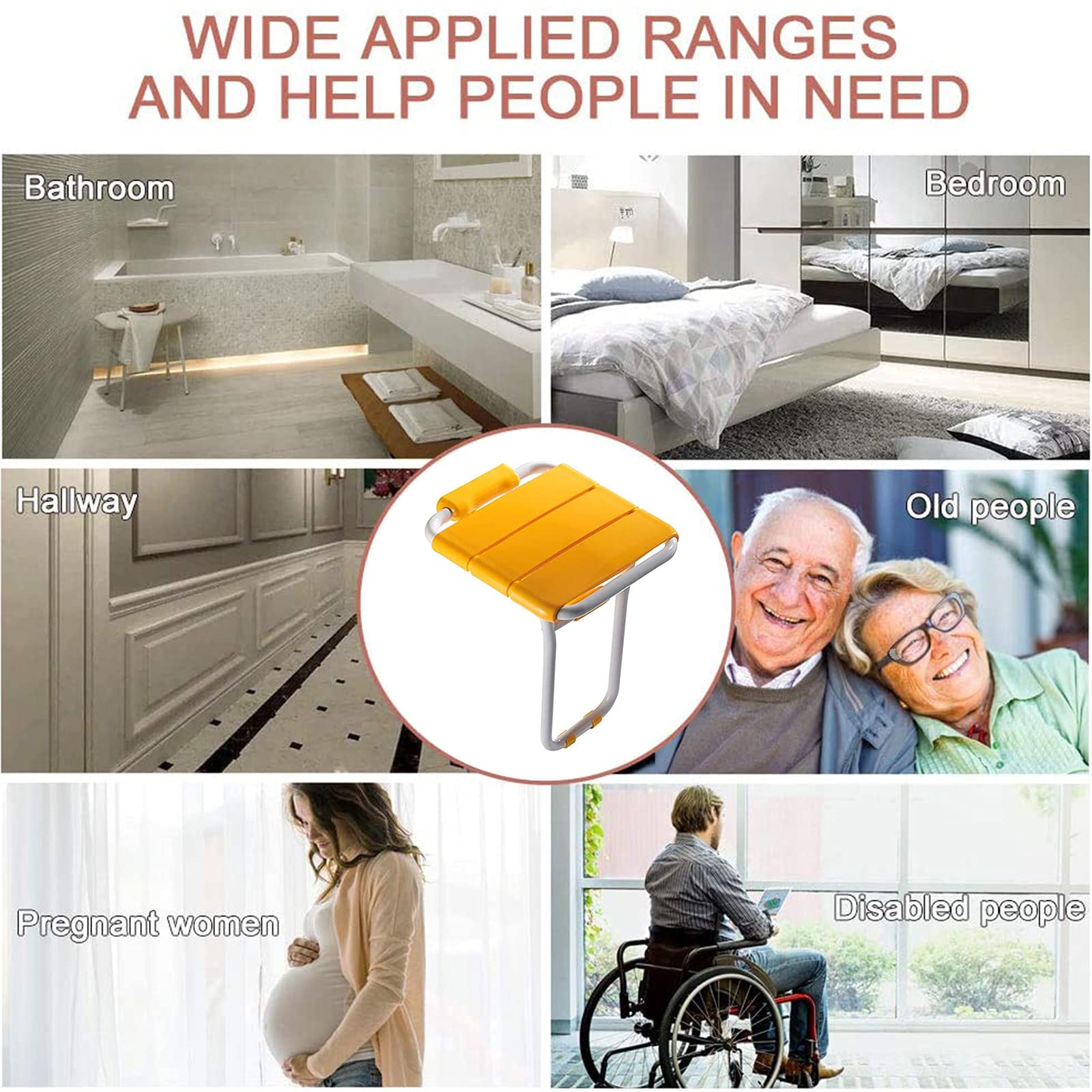 Taburete de Pared Plegable con Hojas abatibles, Asiento de Ducha y bañera de Seguridad, de Madera Maciza, con Patas de Apoyo.