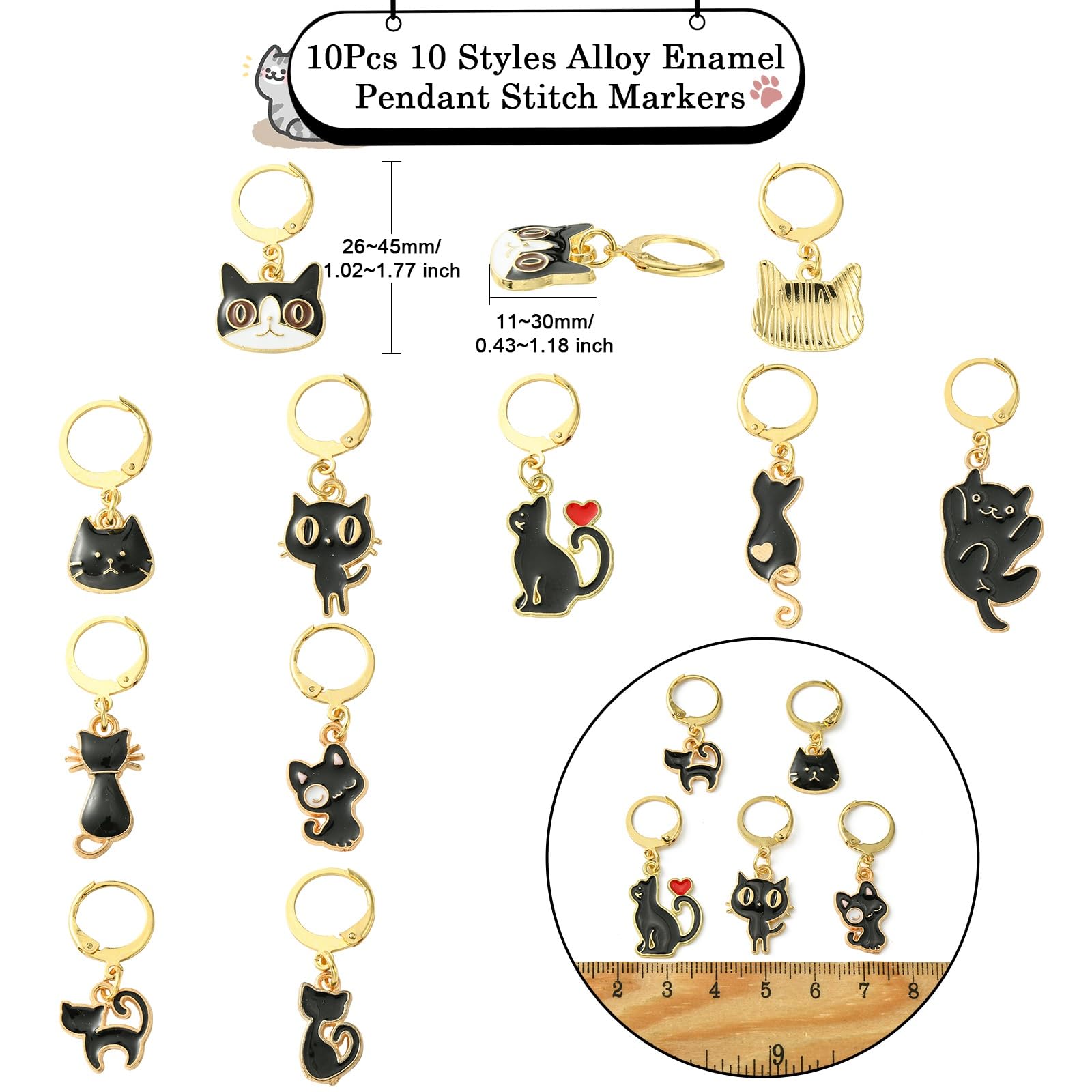 Stiesy 10Pcs Cat Stitch Markers Enamel Black Cat Charms Pet Kitten Cute Animal Charms with Clasps Crochet Leverback Hoop for Knitting Jewellry Making Weaving Crafts - Image 2