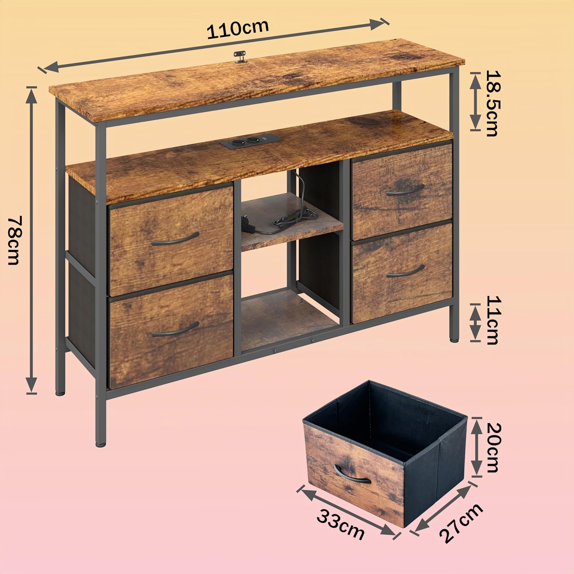 Hitsuki Meuble TV LED Meuble Télé Industriel Noir et Bois 110×30×78cm | PRISES ET RANGEMENT Deux prises et deux ports USB avec câble d’alimentation plus 4 tiroirs en tissu pour un usage quotidien