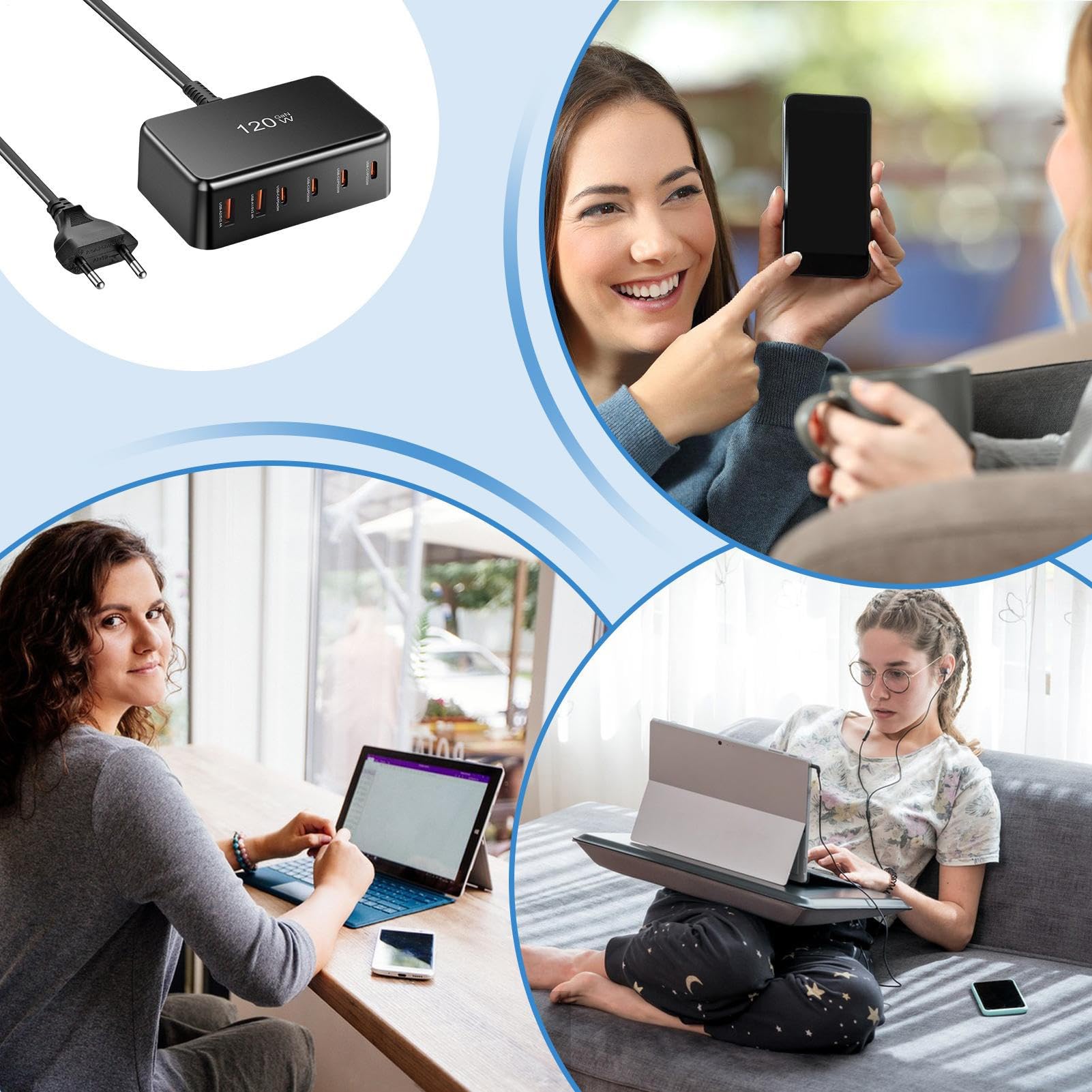 Caricabatterie rapido | Caricabatterie multiporta per telefono | Attrezzatura di ricarica rapida 120 W 6 porte per laptop, smartphone e dispositivo mobile in aereo, , hotel e