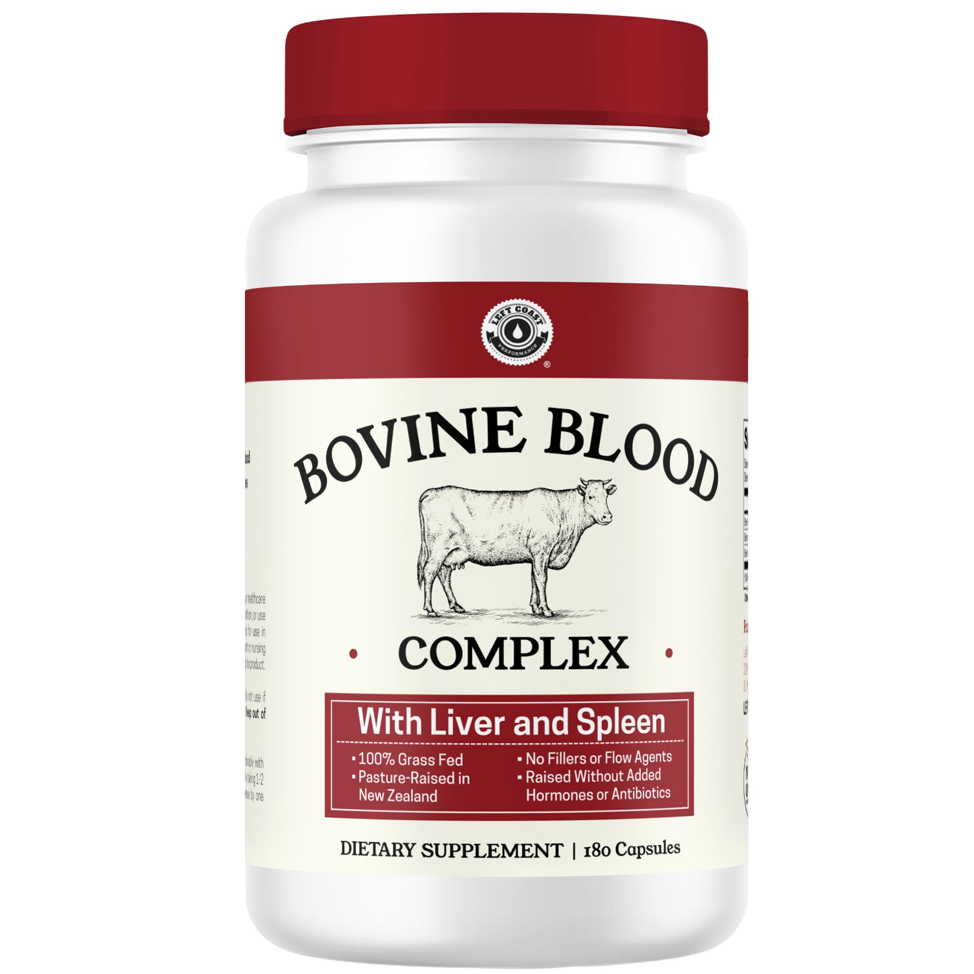 Left Coast Performance Grass Fed Bovine Blood and Beef Liver Supplement –100% Grass Fed, New Zealand Pasture Raised Beef Organs - Natural Blood Builder, Non GMO, Freeze Dried –180 Capsules