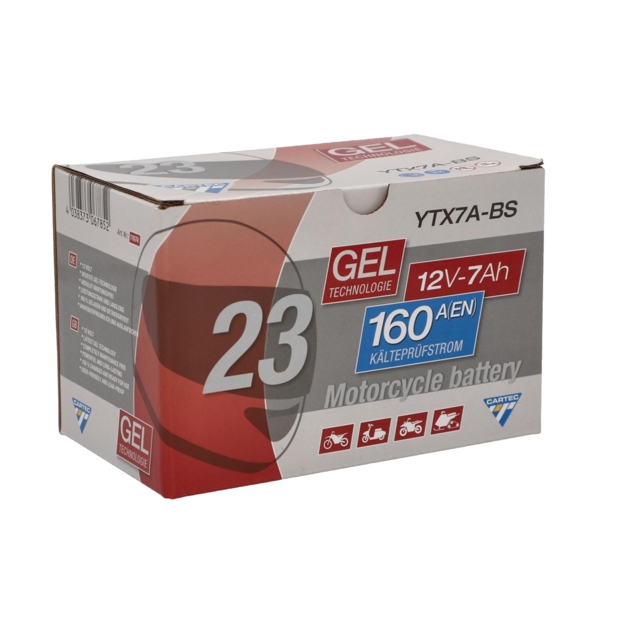 Batería de motocicleta CARTEC YTX7A-BS, 6Ah, 90A, batería de arranque de motocicleta con tecnología de gel, calidad OEM, ciclo profundo, almacenable, sin mantenimiento