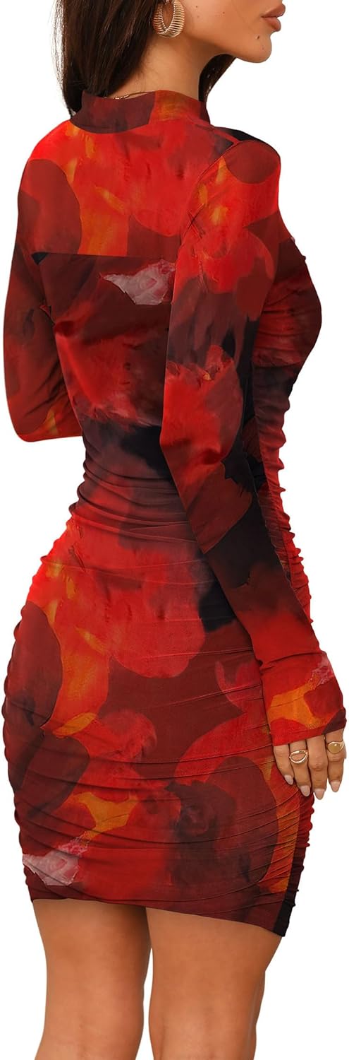 WIHOLL Women's Mesh Sheer Long Sleeve Ruched Mini Dress Sexy Bodycon Mock Neck Cocktail Party Club Spring Dresses 2026 - Image 5