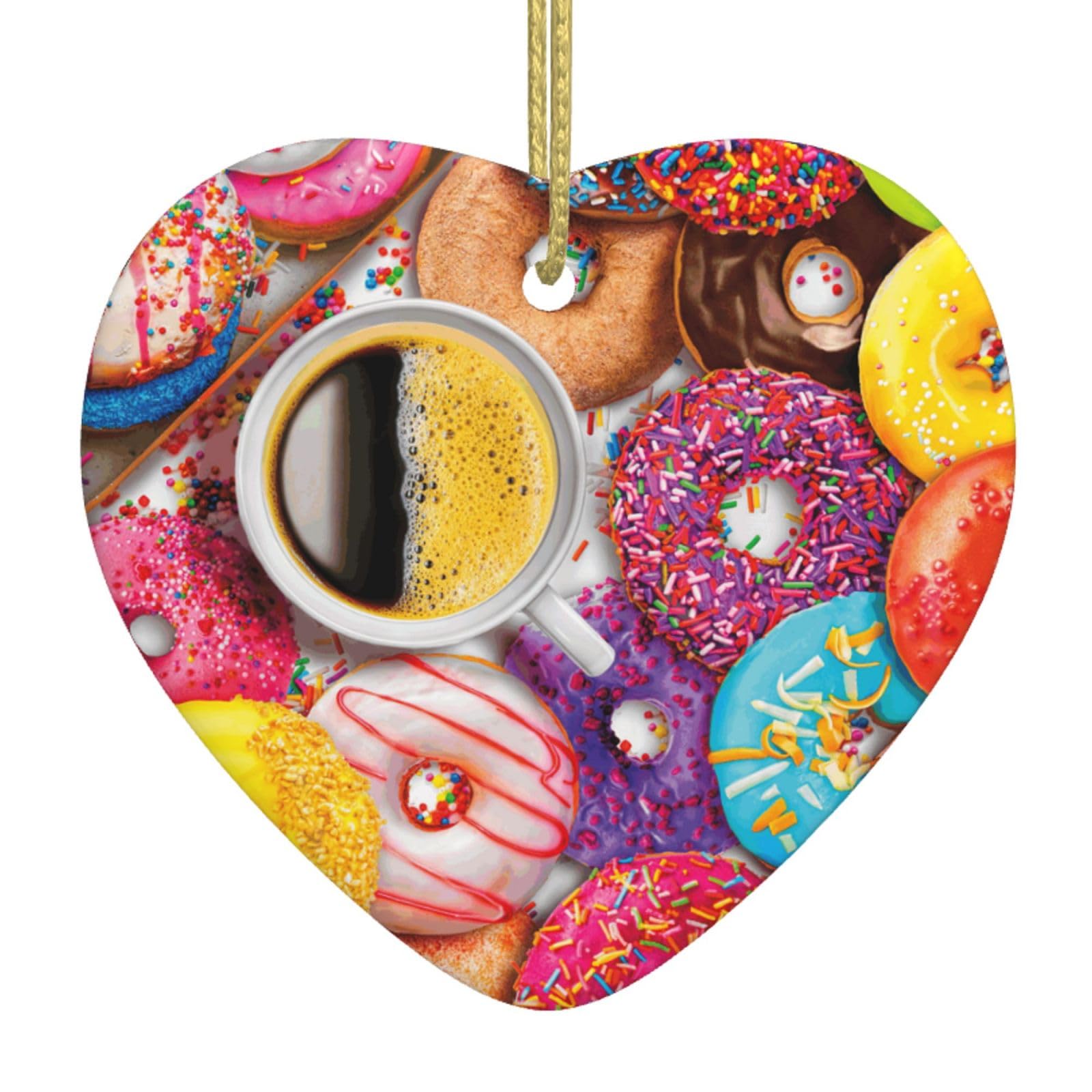 Nbtghga White Coffee And Donuts Print Christmas Ornaments, Ceramic Hanging Ornament, Xmas Tree Decoration, Holiday Home Decor
