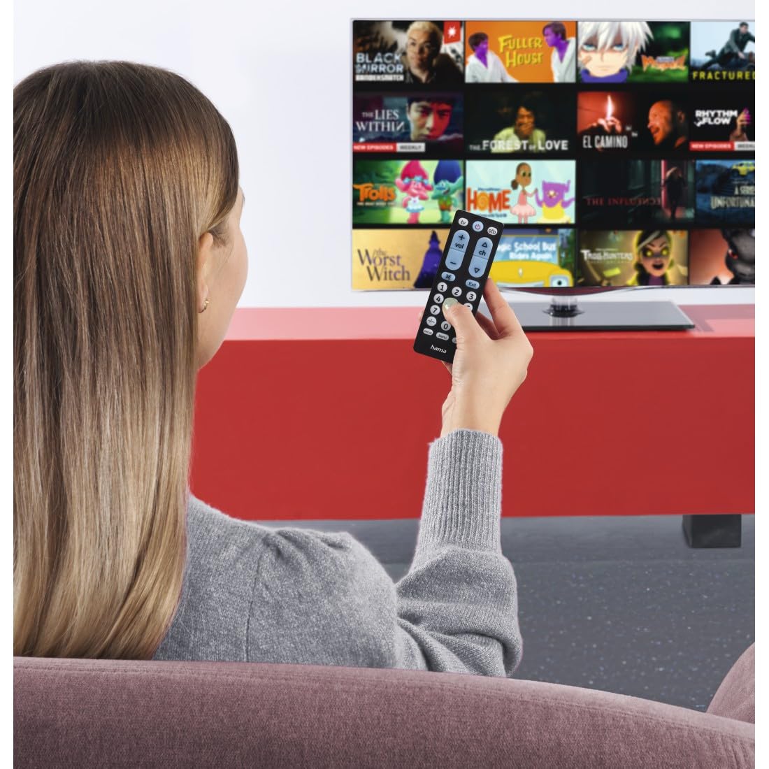 HAMA | Mando a Distancia Universal para TV (por Infrarrojos, para 2 Dispositivos, Teclas Grandes, para 2 Dispositivos, Teclas Luminiscentes) Color Negro