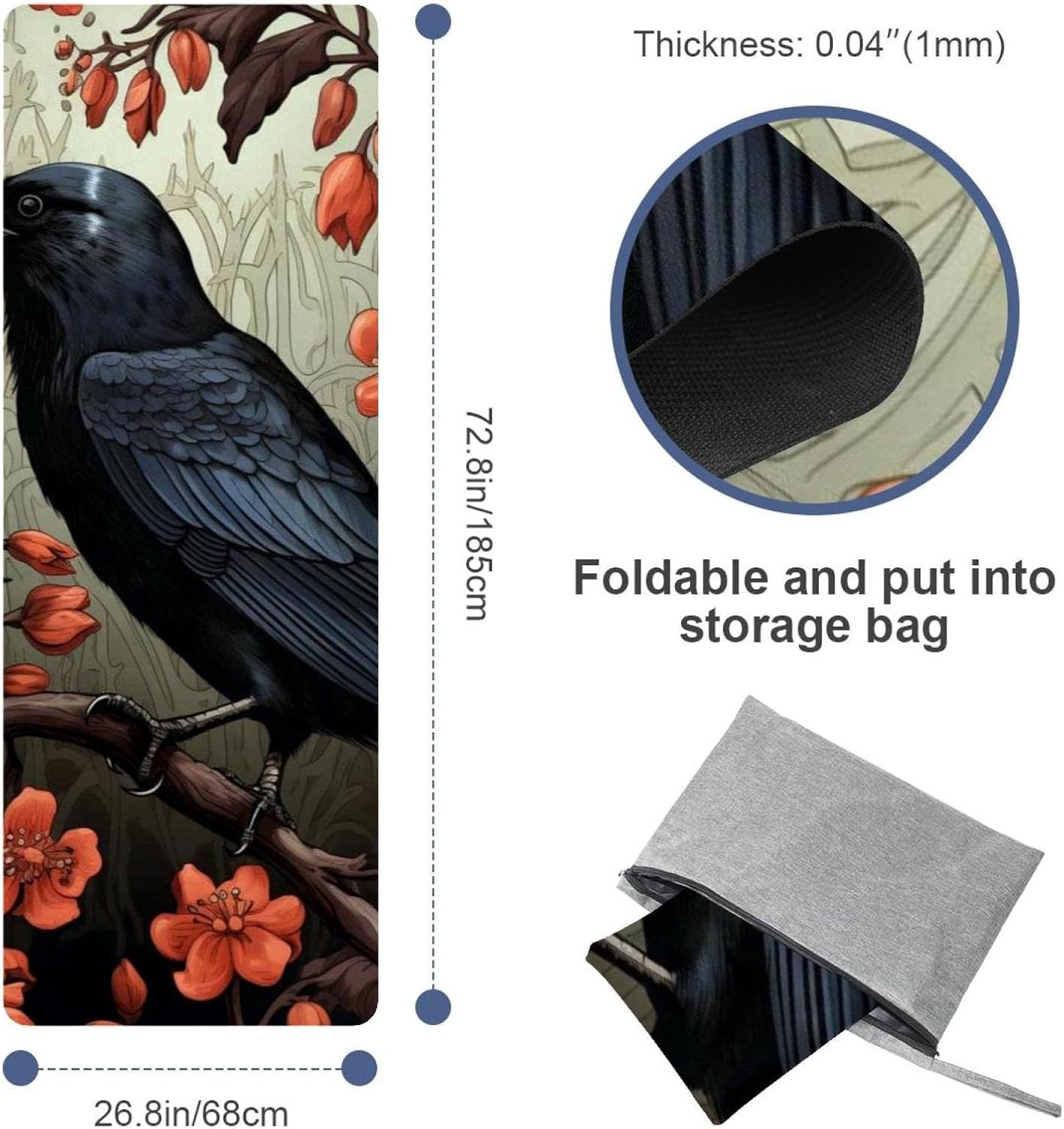 Yoga Towel, Black Crow Pattern Non Slip Sweat Absorbent Hot Yoga Mat Towel for Hot Yoga, Pilates and Fitness - 72.8" x 26.8"