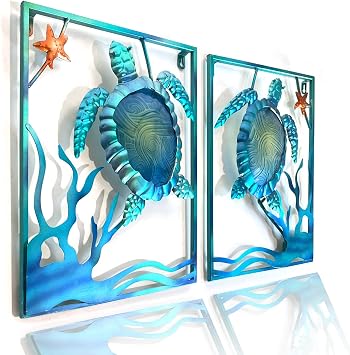 LIFFY Metal Sea Turtle Beach Themed Bathroom Wall Art Decor with Frame-Outdoor Wall Art with LED Fairy Lights, Fish Glass Art Wall Sculpture for Patio,Beach,Garden,Yard,Pool,home gift2pcs, Blue