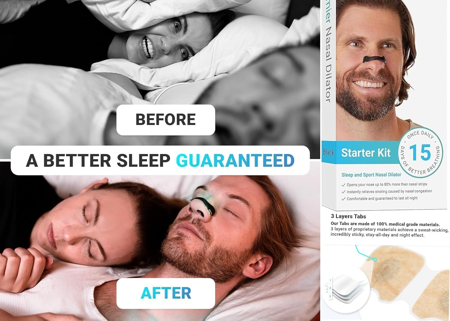 BROCCOLIN Breathing Nasal Strip Starter Kit (15 Count) - Boost Oxygen Intake, Reduce Snoring, Improve Sleep Quality - Sweat Resistant, Skin Safe Nasal Strips - Extra Strength Snoring Solution 2