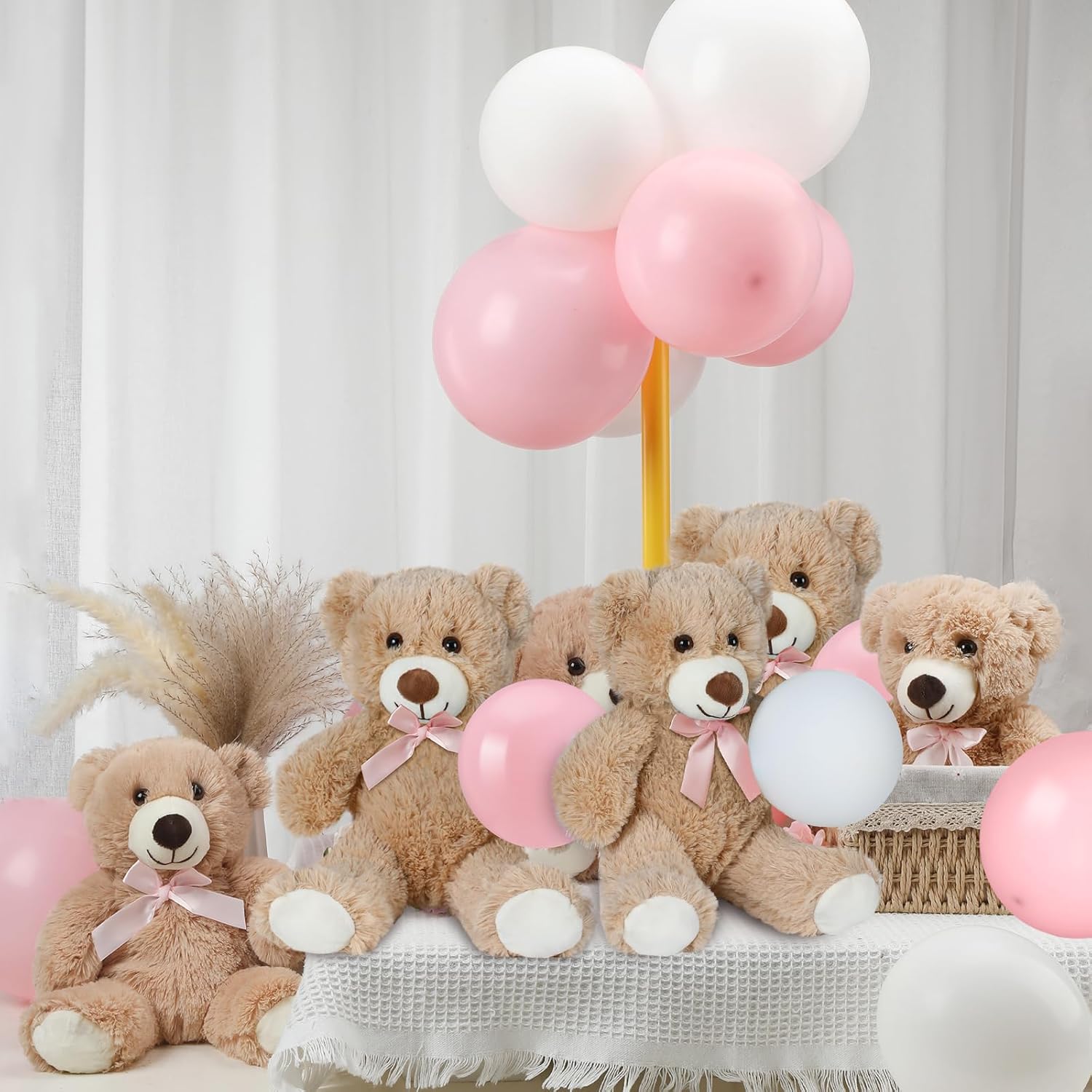 Jenaai 106 Pcs Bear Baby Shower Decoration for Boy or Girl, 6 Pcs Bears Stuffed Animal with 100 Pcs Latex Balloons for Kids Birthday Baby Shower Wedding Engagement Christmas Party Decor(White, Pink)